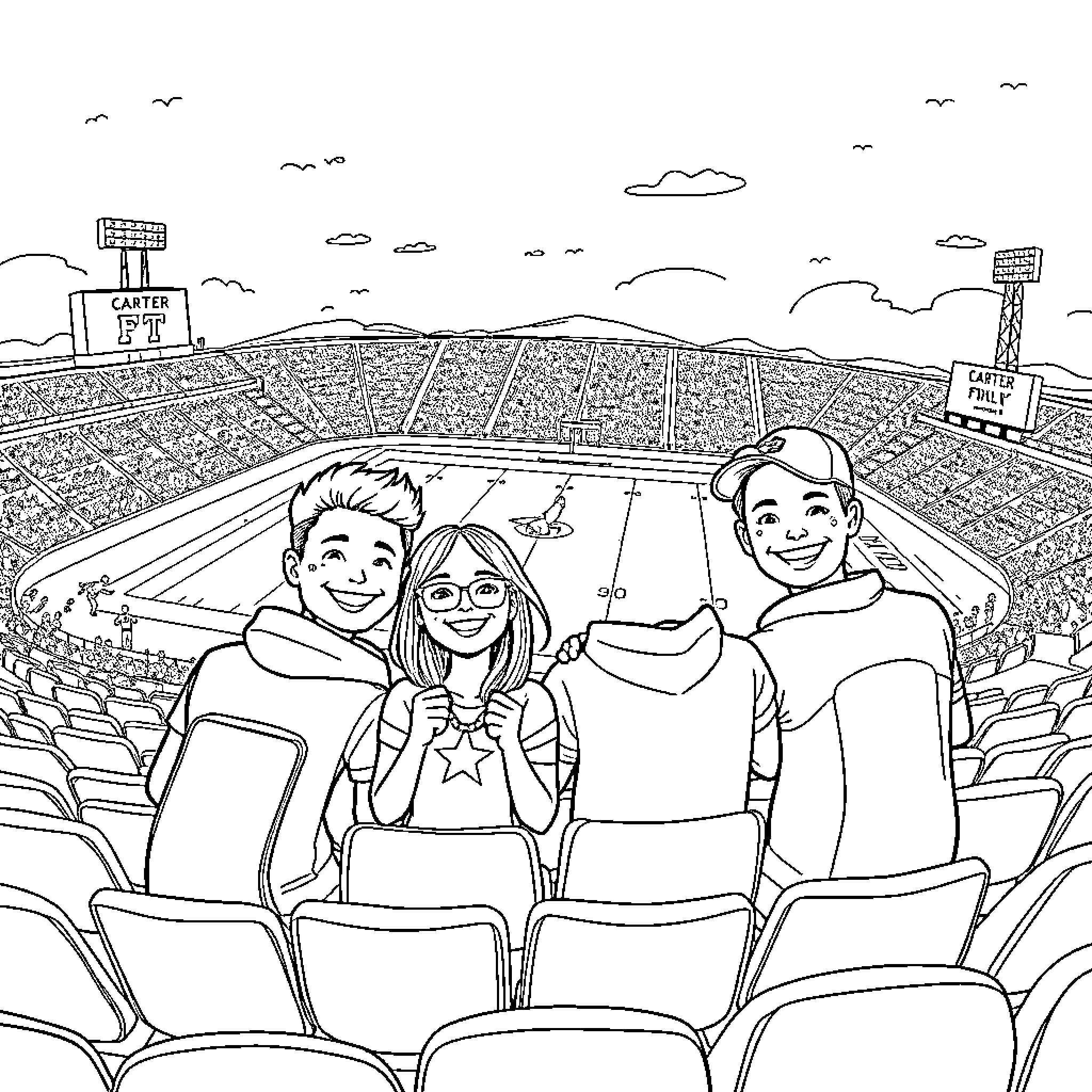 Family Enjoying Sports Event Together Coloring Page (free black-and-white line drawing printable PDF for all, from beginners to advanced learners, including children, teens, adults, and seniors)