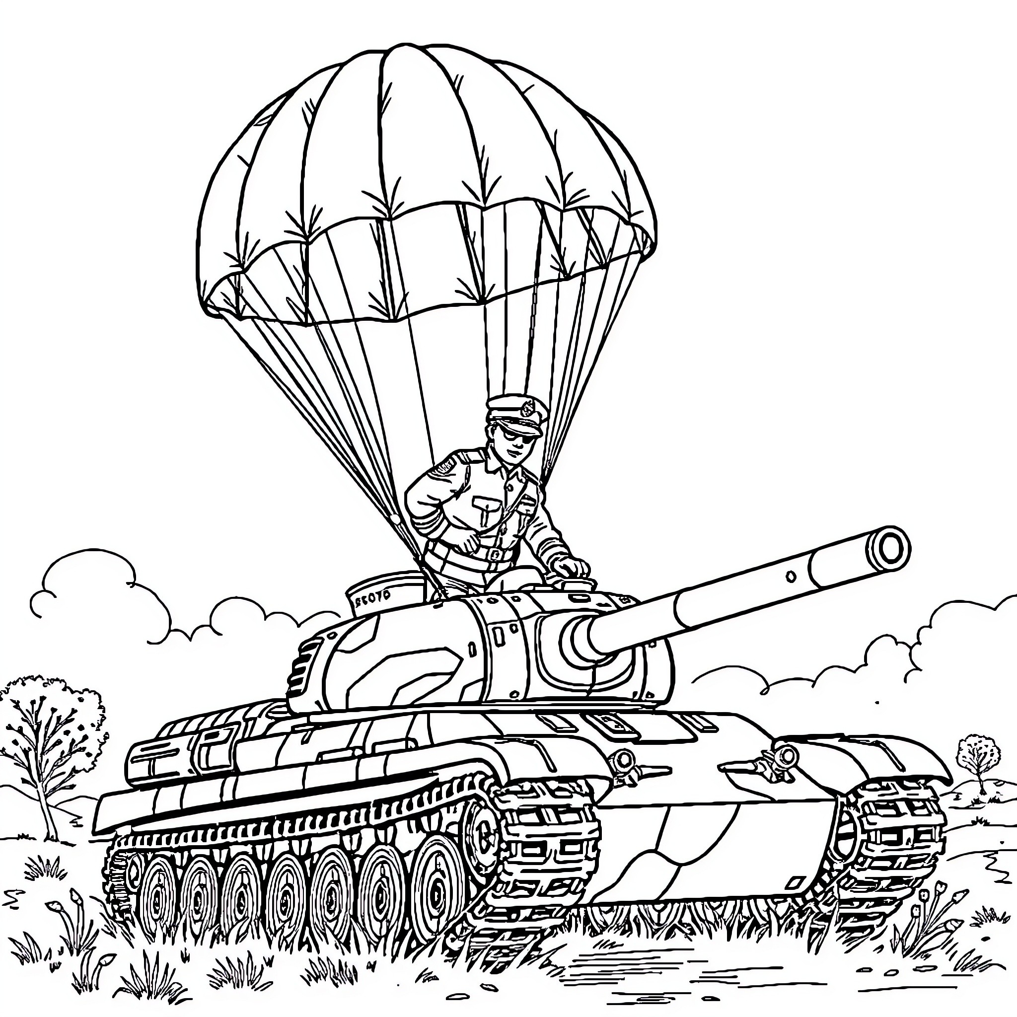 Firefighter parachuting from armored tank on battlefield Coloring Page (free black-and-white line drawing printable PDF for all, from beginners to advanced learners, including children, teens, adults, and seniors)