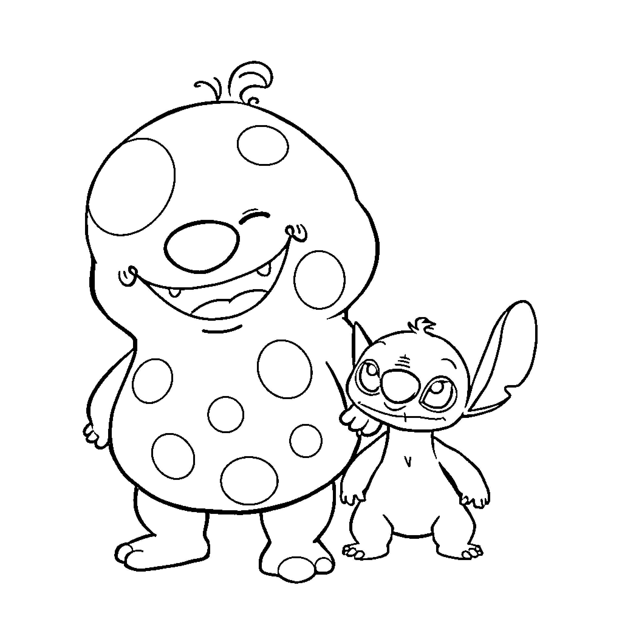 Mr Blobby and Stitch Enjoying Playful Antics Coloring Page (free black-and-white line drawing printable PDF for all, from beginners to advanced learners, including children, teens, adults, and seniors)