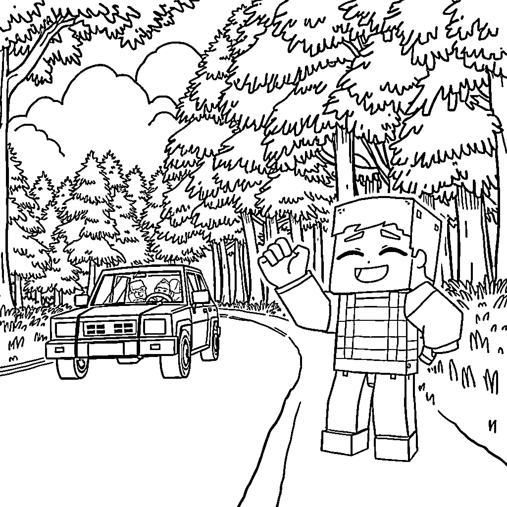 Auto Enjoying Outdoor Adventure with Truck Coloring Page (free black-and-white line drawing printable PDF for all, from beginners to advanced learners, including children, teens, adults, and seniors)