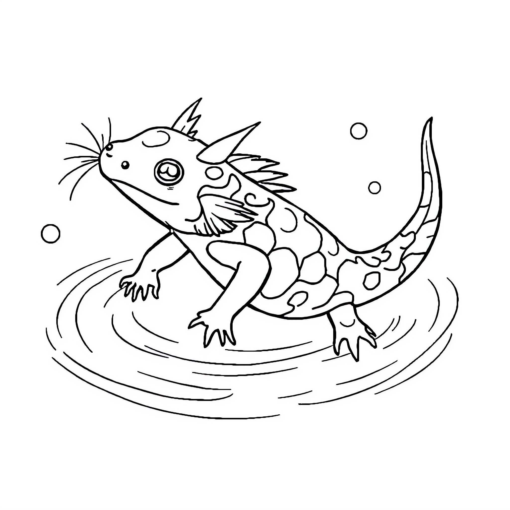Axolotl swimming in the water Coloring Page (free black-and-white line drawing printable PDF for all, from beginners to advanced learners, including children, teens, adults, and seniors)