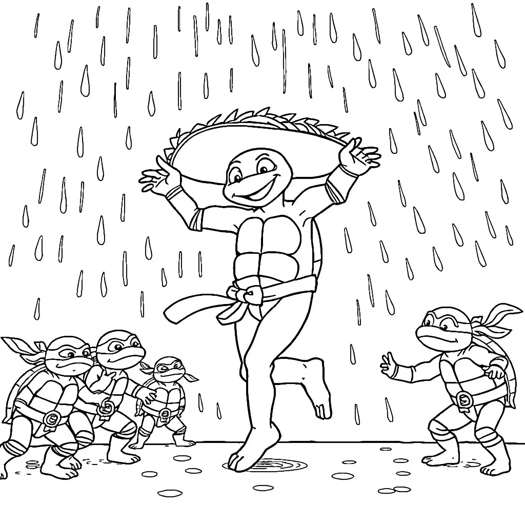 Taco-Themed Fun in the Rain Coloring Page (free black-and-white line drawing printable PDF for all, from beginners to advanced learners, including children, teens, adults, and seniors)
