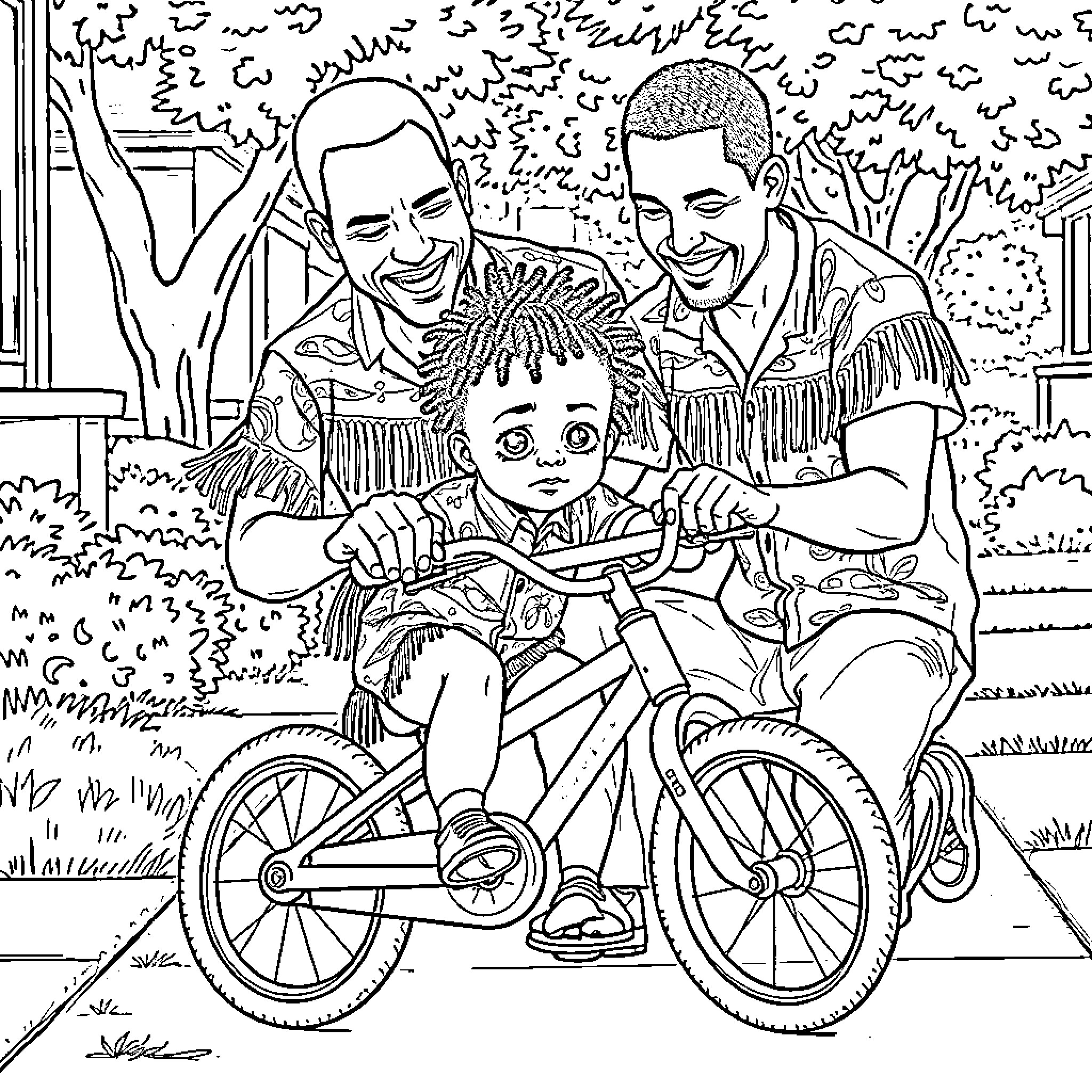Father and sons enjoying bike ride in park Coloring Page (free black-and-white line drawing printable PDF for all, from beginners to advanced learners, including children, teens, adults, and seniors)