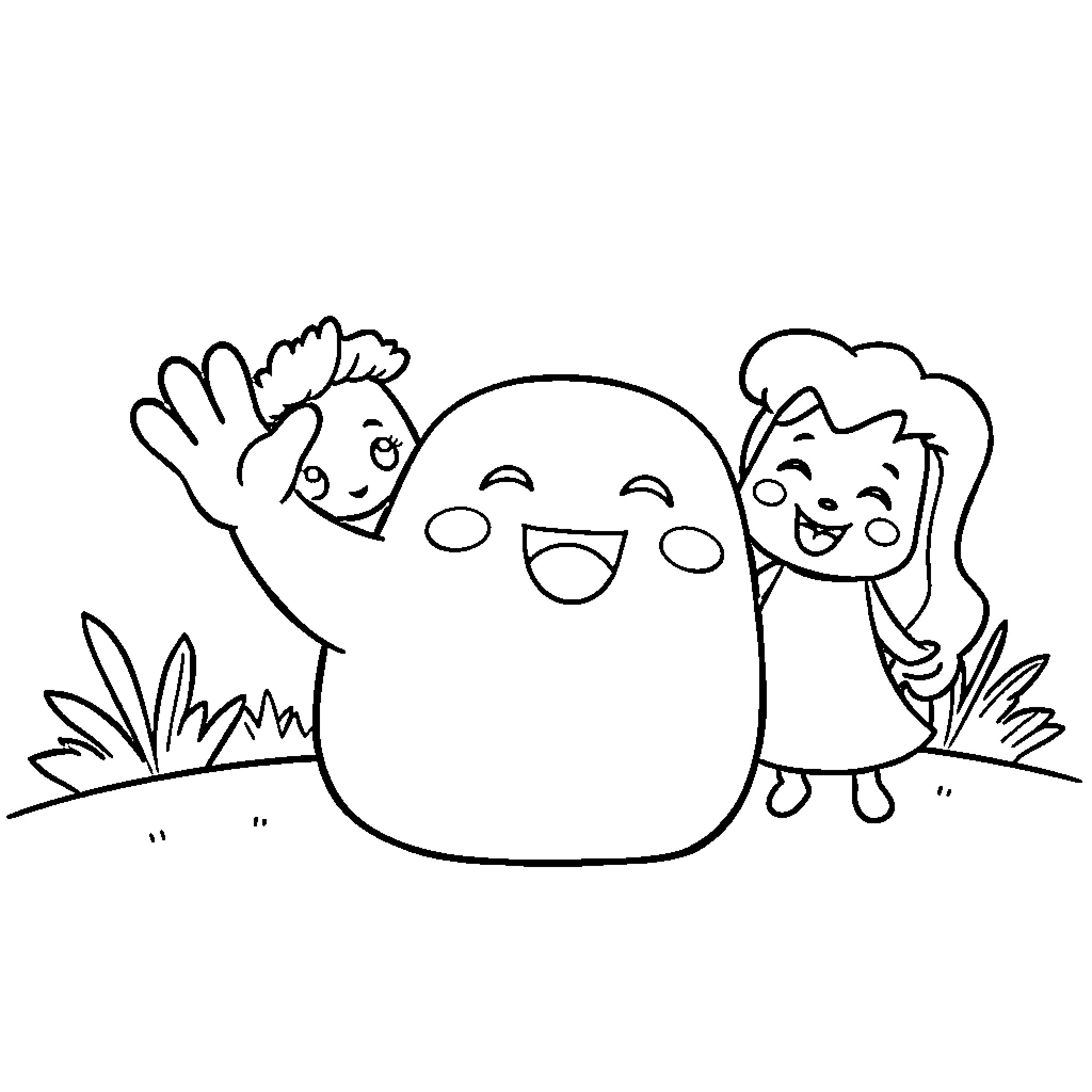 Squishmallow characters having fun together Coloring Page (free black-and-white line drawing printable PDF for all, from beginners to advanced learners, including children, teens, adults, and seniors)