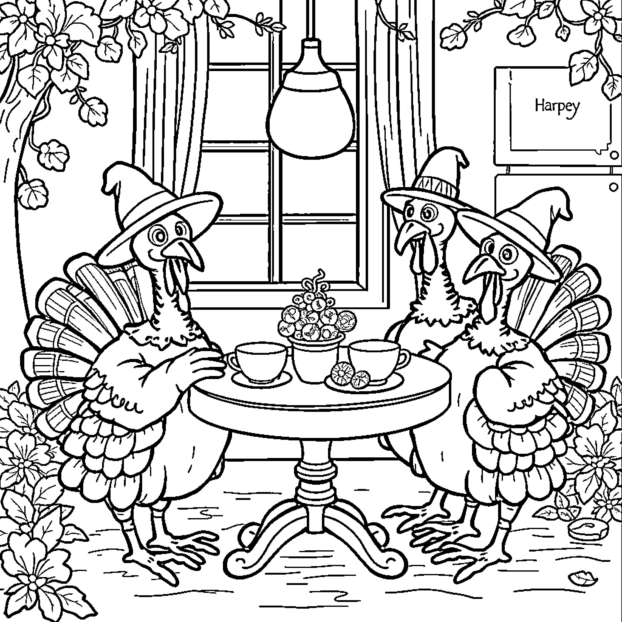 Turkey Thanksgiving Celebration with Decorative Touches Coloring Page (free black-and-white line drawing printable PDF for all, from beginners to advanced learners, including children, teens, adults, and seniors)