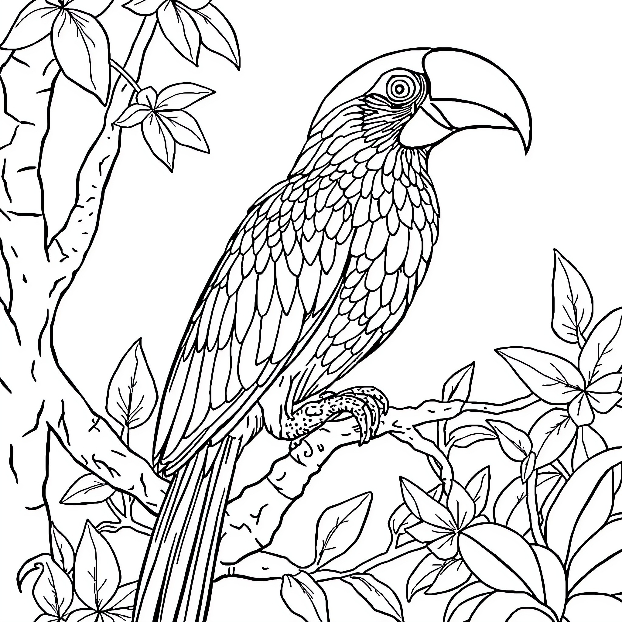 Animal bird perched on branch with lush vegetation Coloring Page (free black-and-white line drawing printable PDF for all, from beginners to advanced learners, including children, teens, adults, and seniors)
