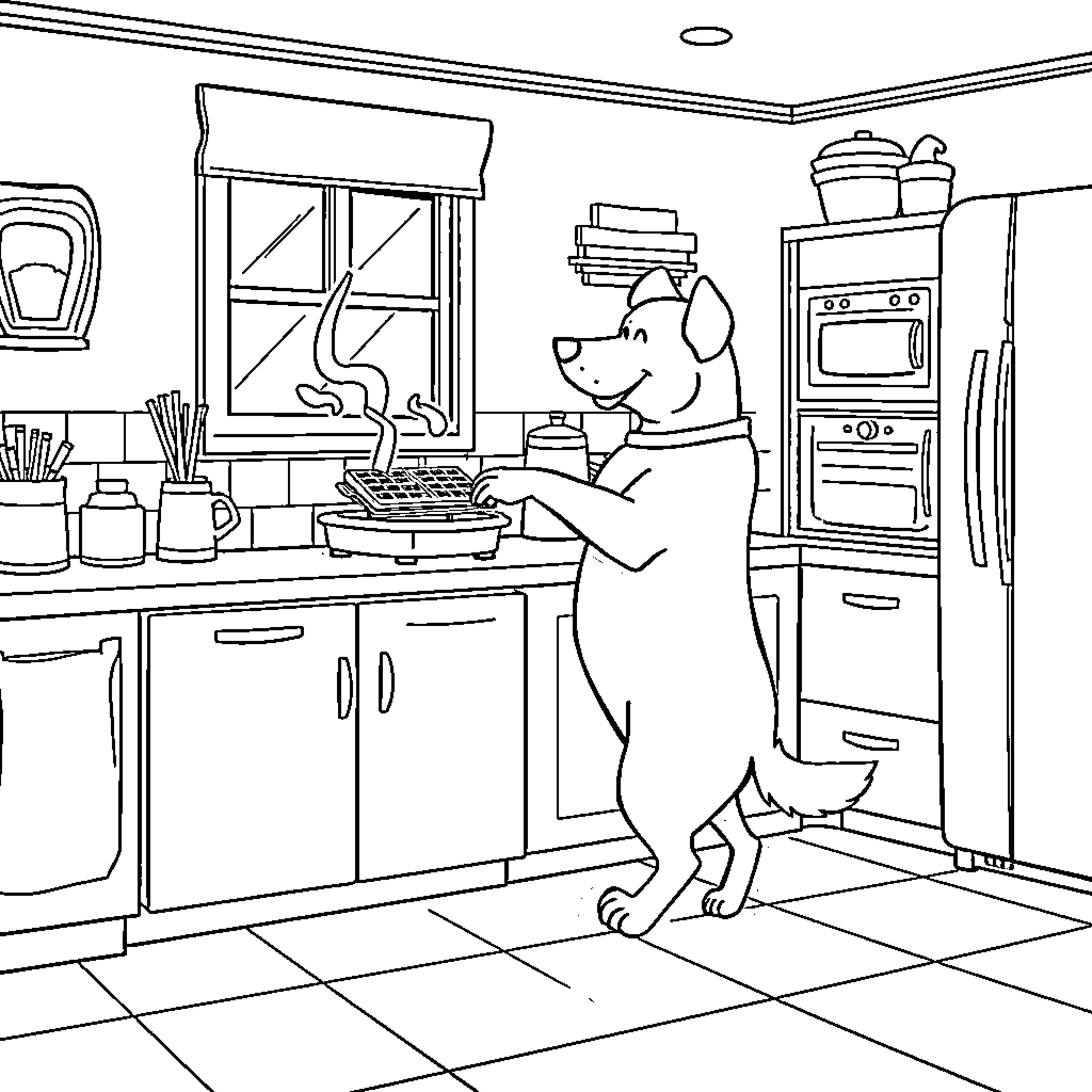Dog cooking in the kitchen Coloring Page (free black-and-white line drawing printable PDF for all, from beginners to advanced learners, including children, teens, adults, and seniors)