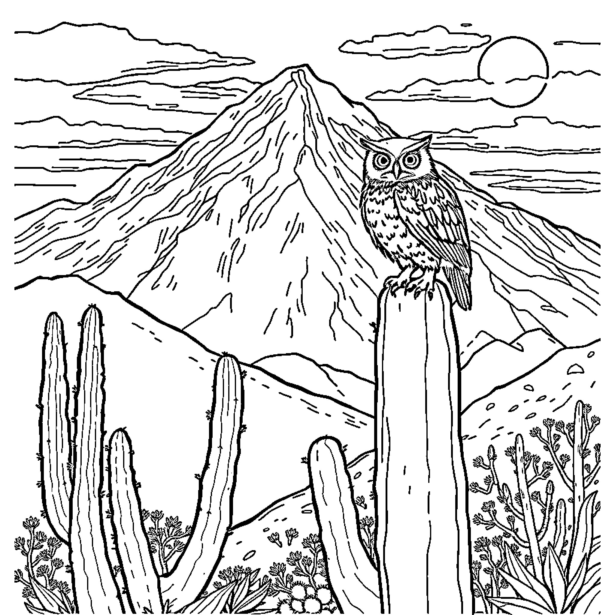 Owl perching on a desert mountain landscape Coloring Page (free black-and-white line drawing printable PDF for all, from beginners to advanced learners, including children, teens, adults, and seniors)