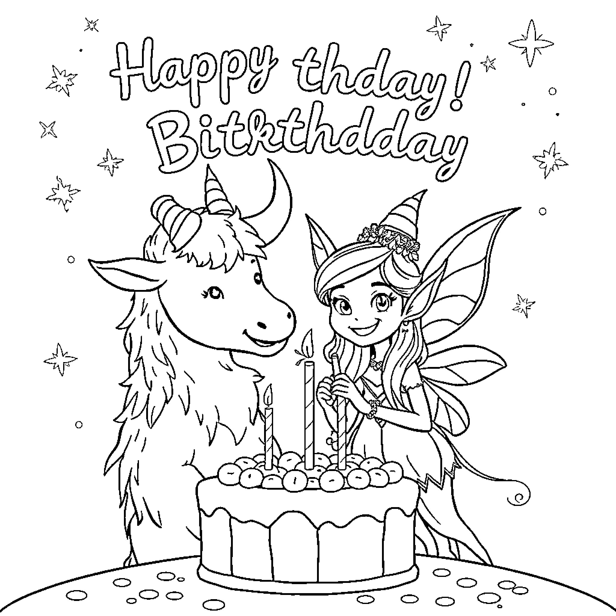 Unicorn and Fairy Celebrate Happy Birthday Together Coloring Page (free black-and-white line drawing printable PDF for all, from beginners to advanced learners, including children, teens, adults, and seniors)