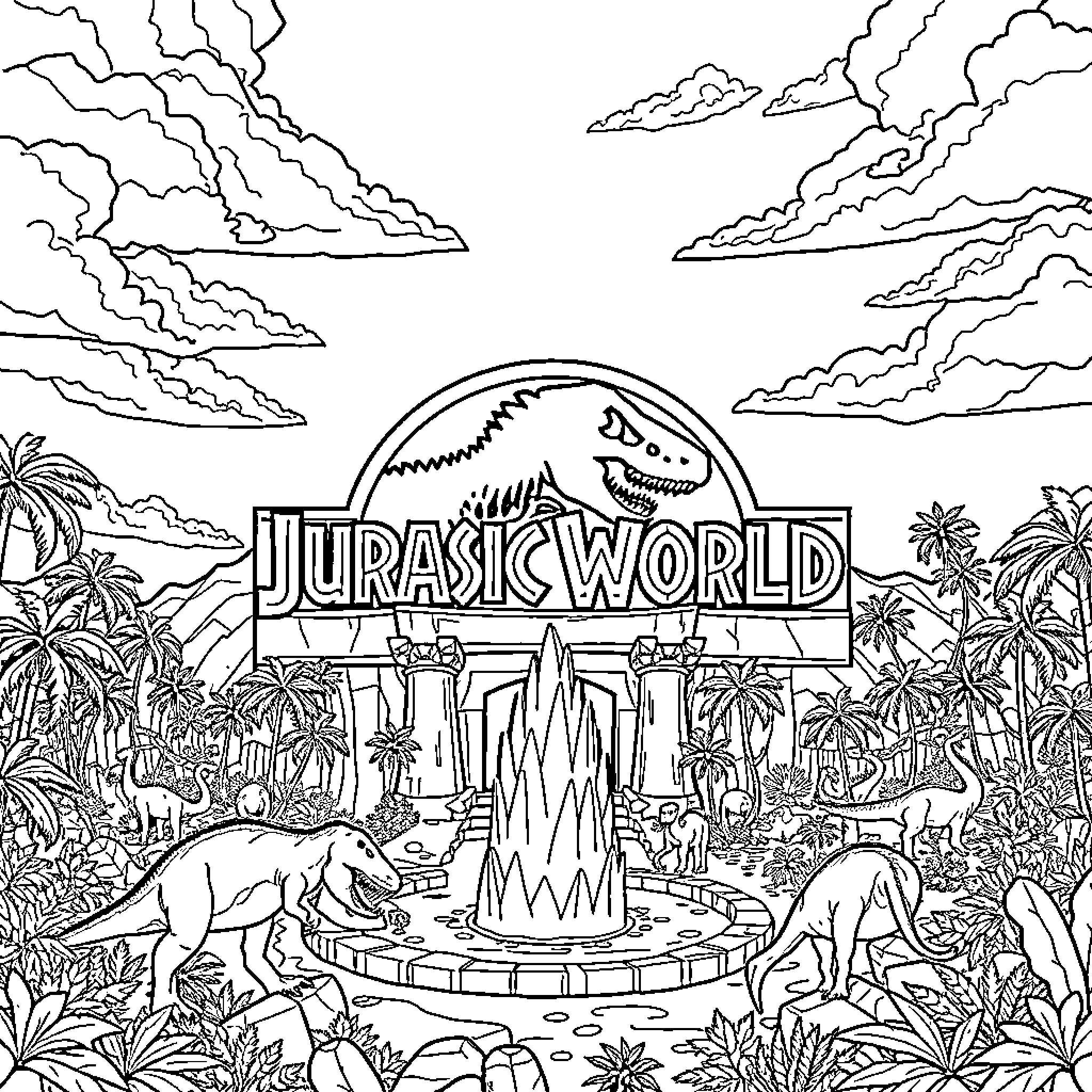 Dinosaurs roaming in Jurassic World landscape Coloring Page (free black-and-white line drawing printable PDF for all, from beginners to advanced learners, including children, teens, adults, and seniors)