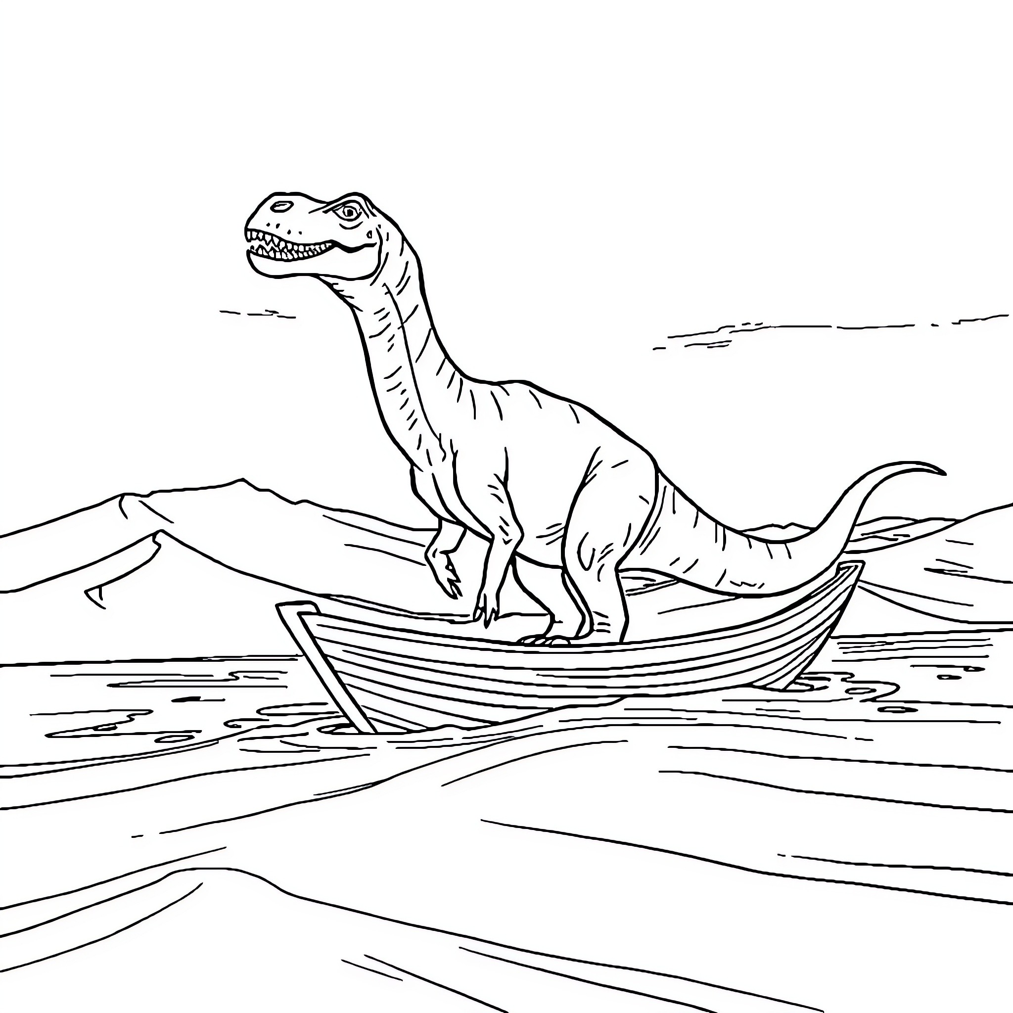 Dinosaur sailing in a boat on the lake Coloring Page (free black-and-white line drawing printable PDF for all, from beginners to advanced learners, including children, teens, adults, and seniors)