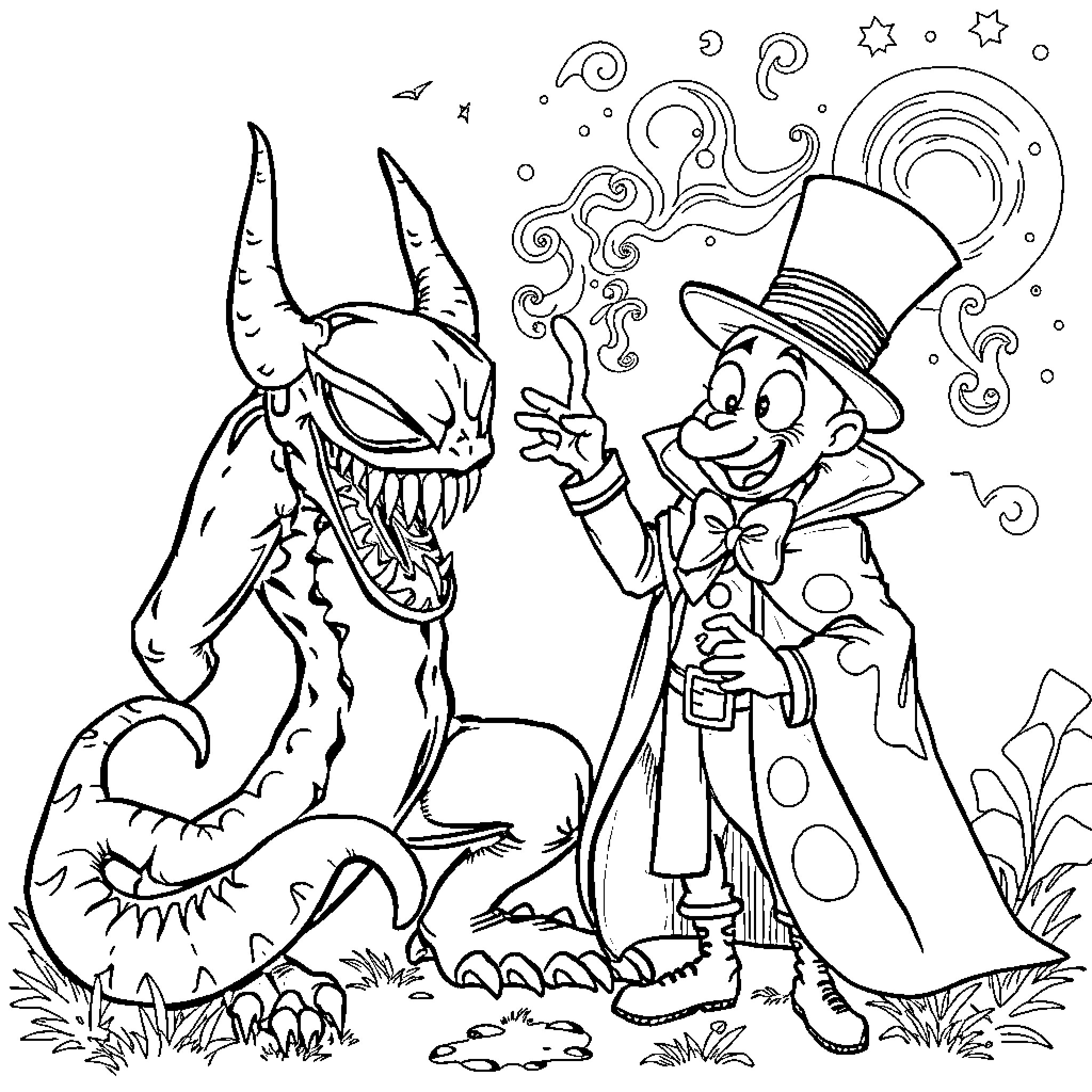 Venom's Spooky Encounter with a Whimsical Magician Coloring Page (free black-and-white line drawing printable PDF for all, from beginners to advanced learners, including children, teens, adults, and seniors)
