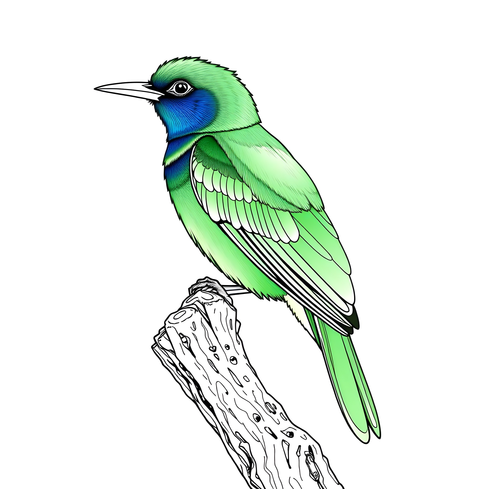 Dacnis: Vibrant Avian Perched on Branch Coloring Page (free black-and-white line drawing printable PDF for all, from beginners to advanced learners, including children, teens, adults, and seniors)