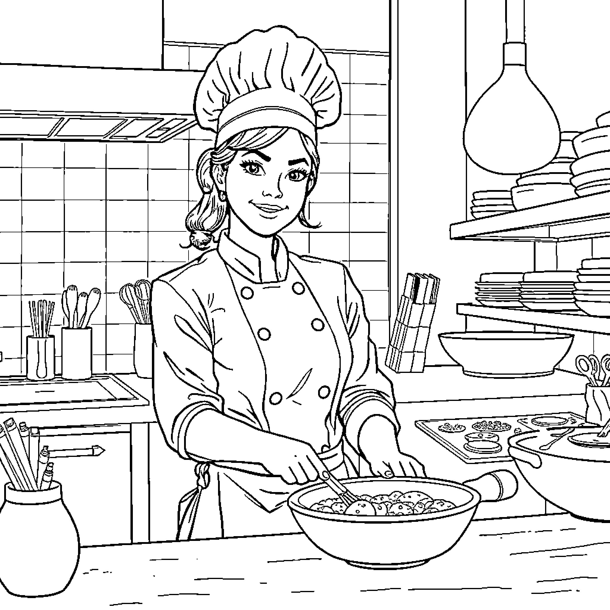 Küchenchefin preparing delicious meal in kitchen Coloring Page (free black-and-white line drawing printable PDF for all, from beginners to advanced learners, including children, teens, adults, and seniors)