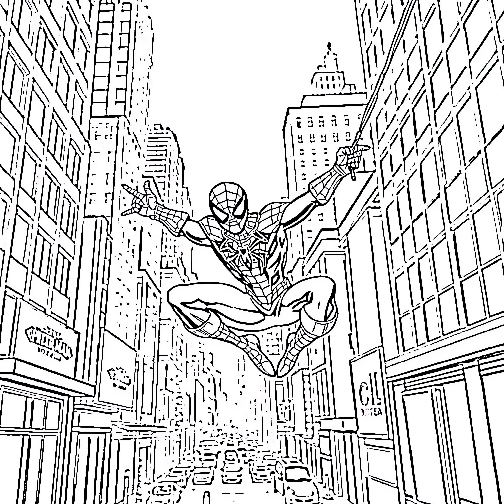 Spiderman swinging through the city Coloring Page (free black-and-white line drawing printable PDF for all, from beginners to advanced learners, including children, teens, adults, and seniors)