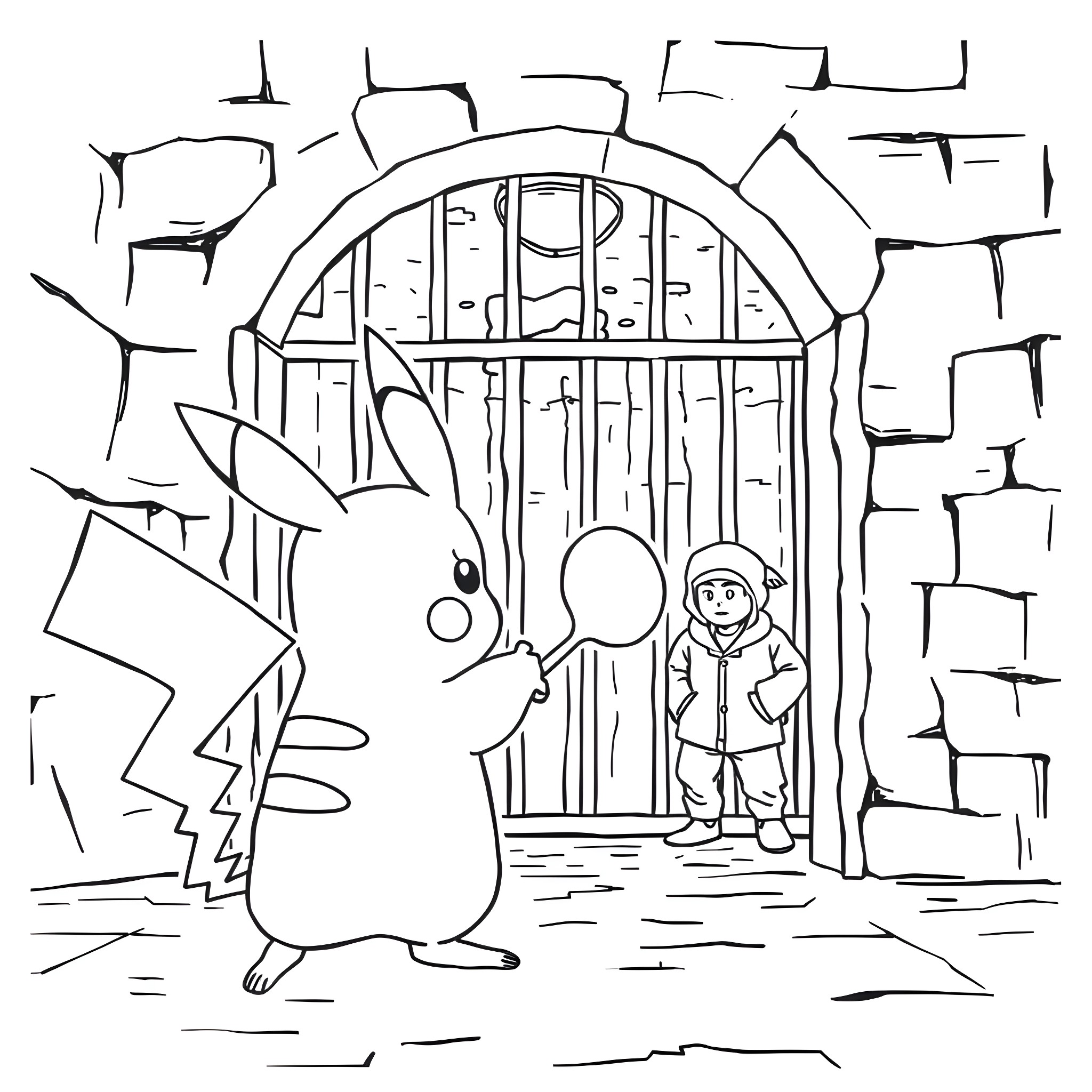 Pikachu welcoming a young Pokémon trainer Coloring Page (free black-and-white line drawing printable PDF for all, from beginners to advanced learners, including children, teens, adults, and seniors)