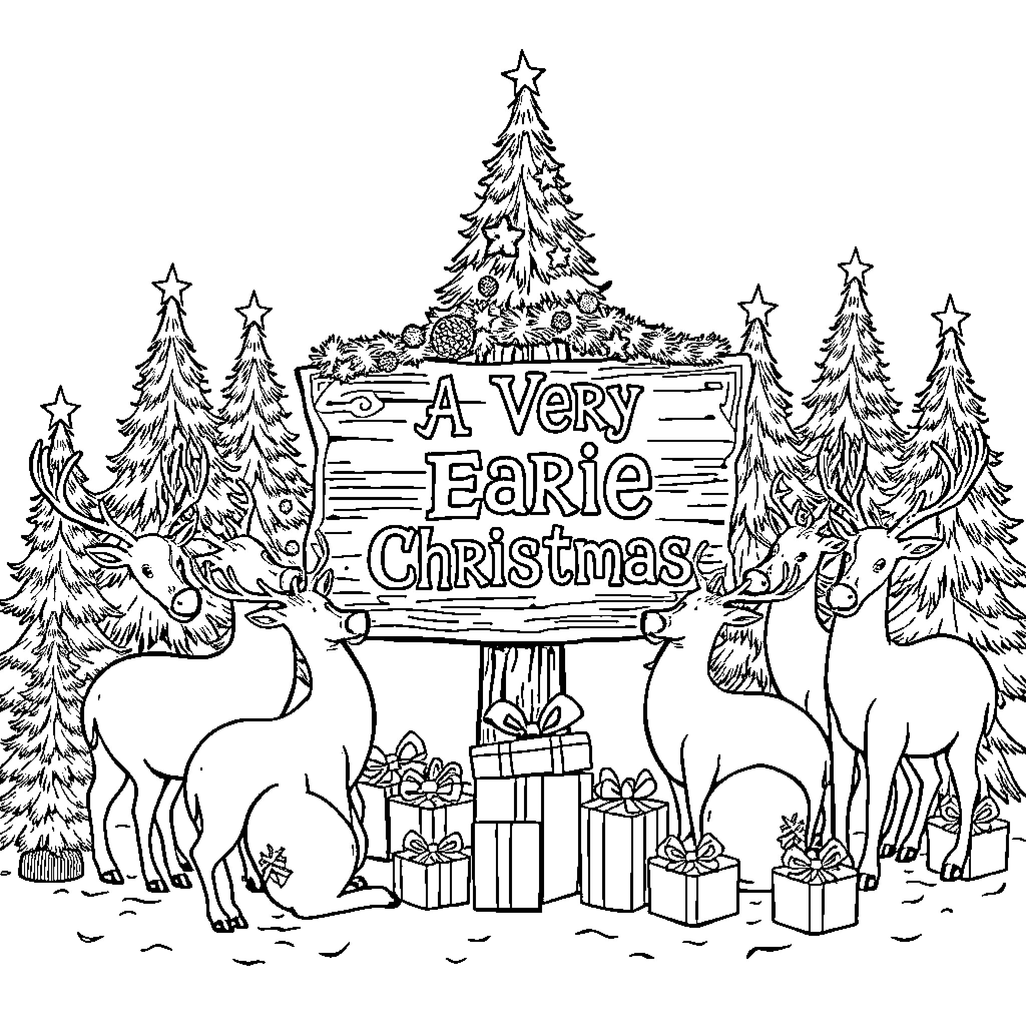 Reindeer celebrating a very eerie Christmas Coloring Page (free black-and-white line drawing printable PDF for all, from beginners to advanced learners, including children, teens, adults, and seniors)