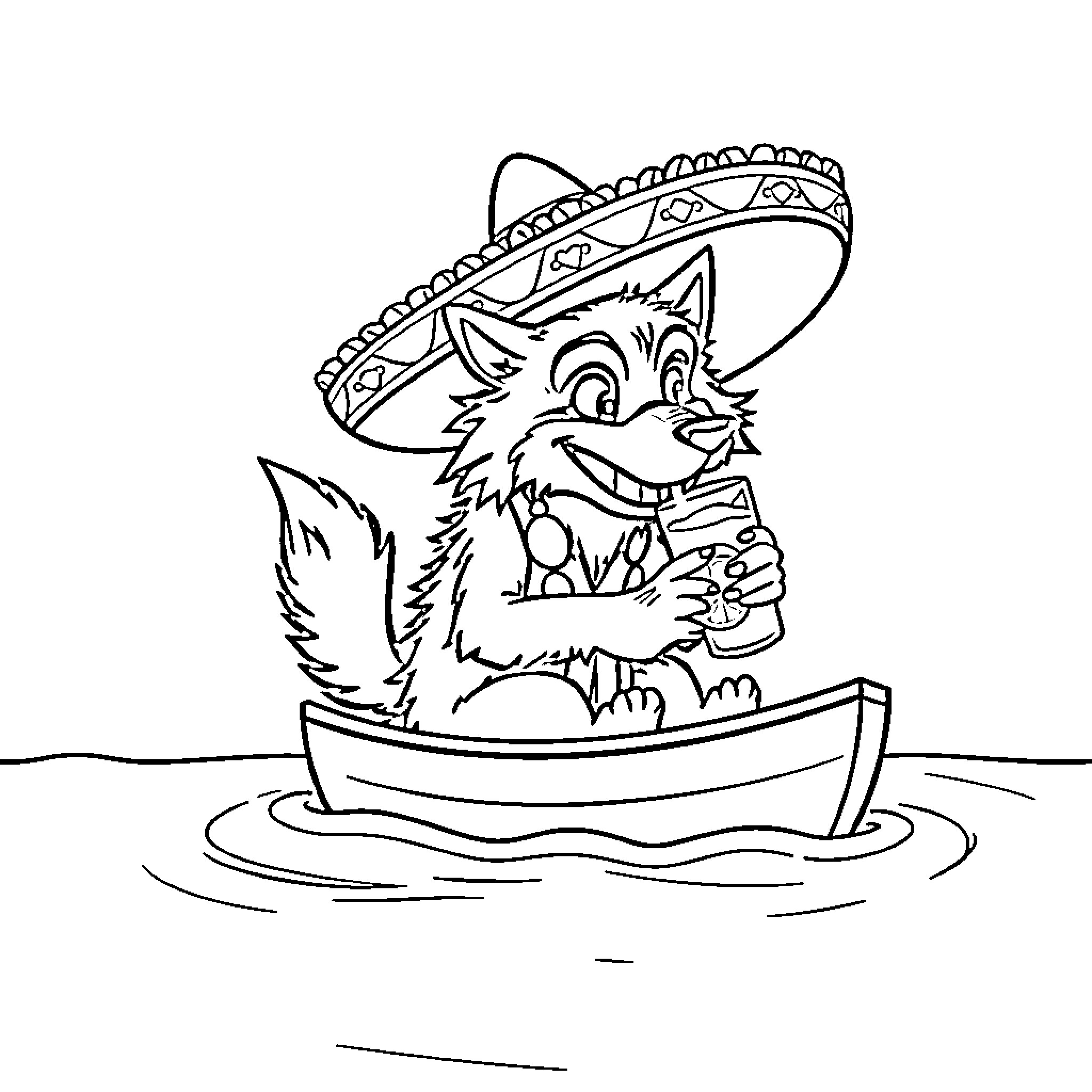 Werewolf wearing sombrero floating on boat Coloring Page (free black-and-white line drawing printable PDF for all, from beginners to advanced learners, including children, teens, adults, and seniors)