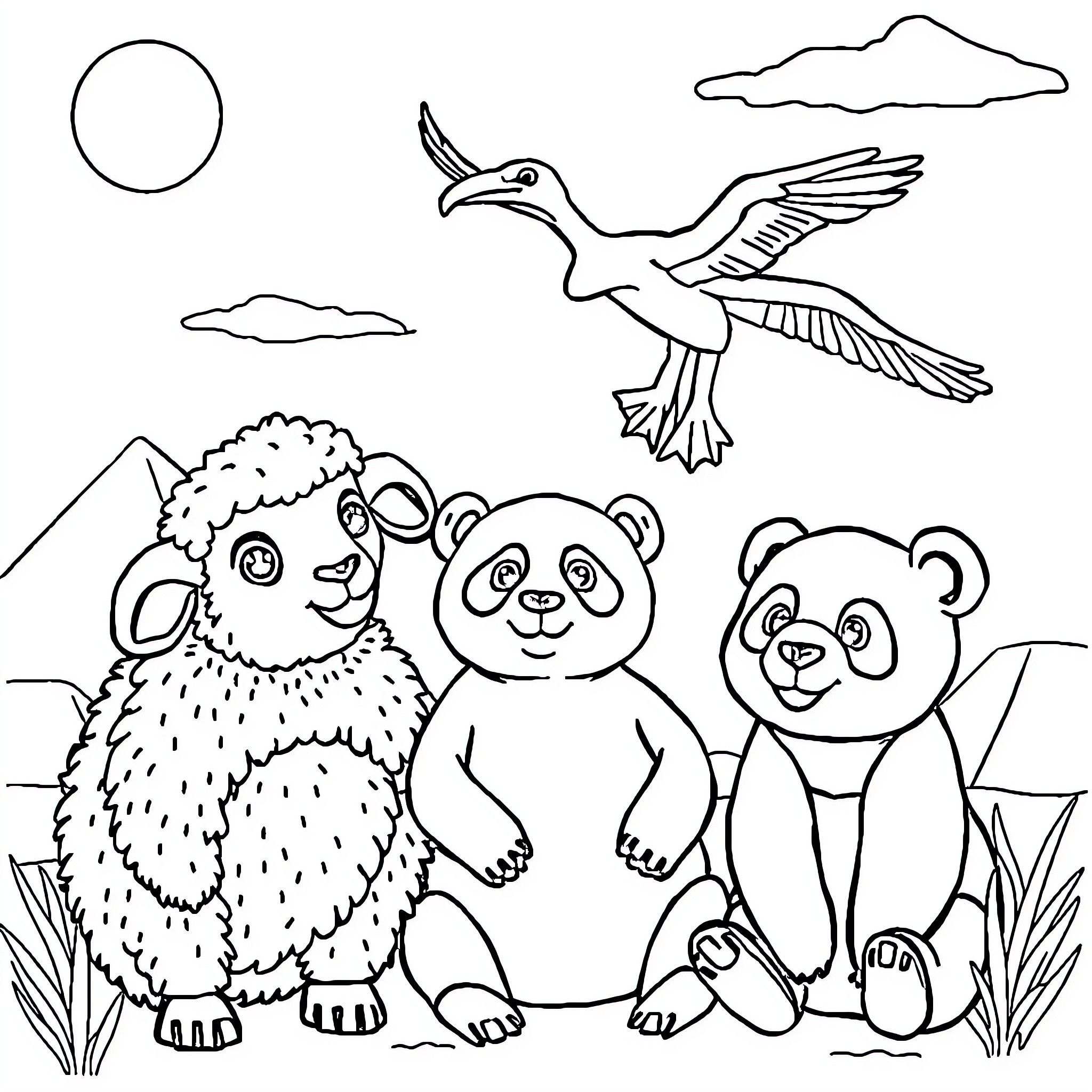 Lamb, panda, and bear in scenic outdoor setting Coloring Page (free black-and-white line drawing printable PDF for all, from beginners to advanced learners, including children, teens, adults, and seniors)
