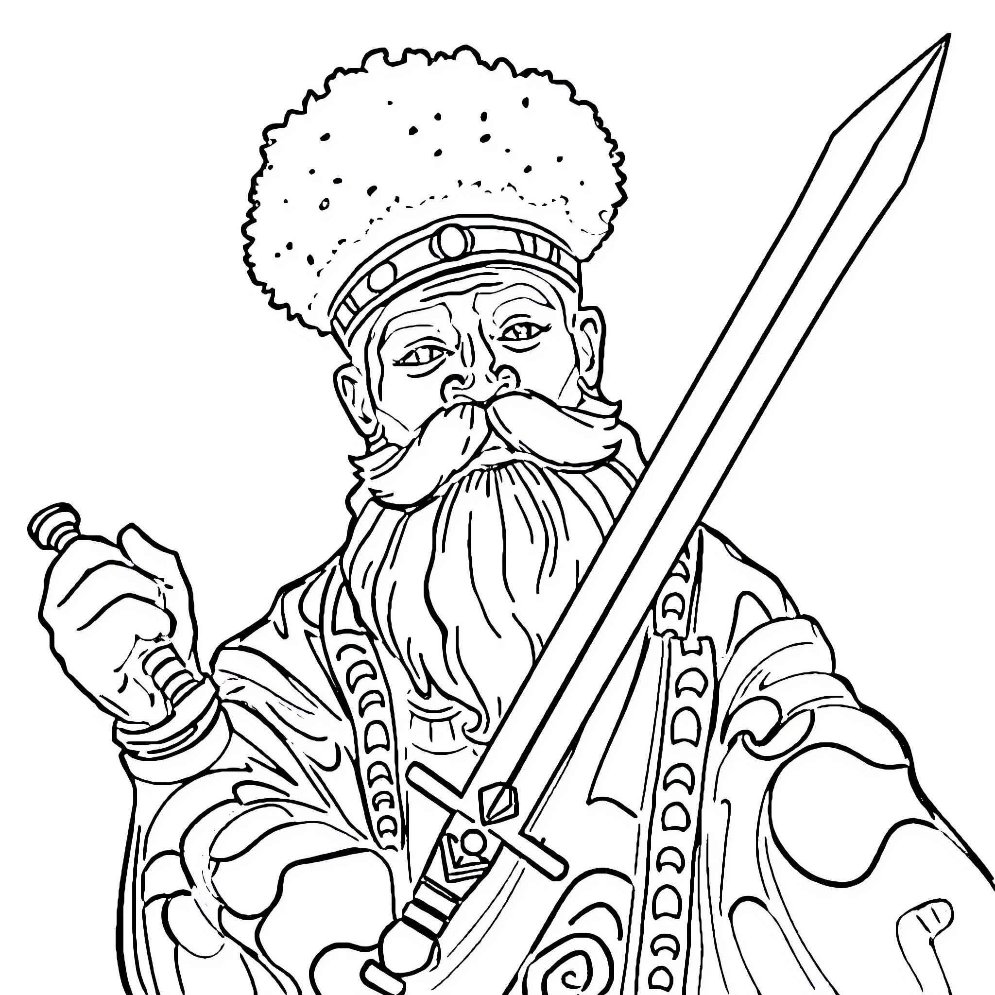 King Wielding Sword in Regal Attire Coloring Page (free black-and-white line drawing printable PDF for all, from beginners to advanced learners, including children, teens, adults, and seniors)