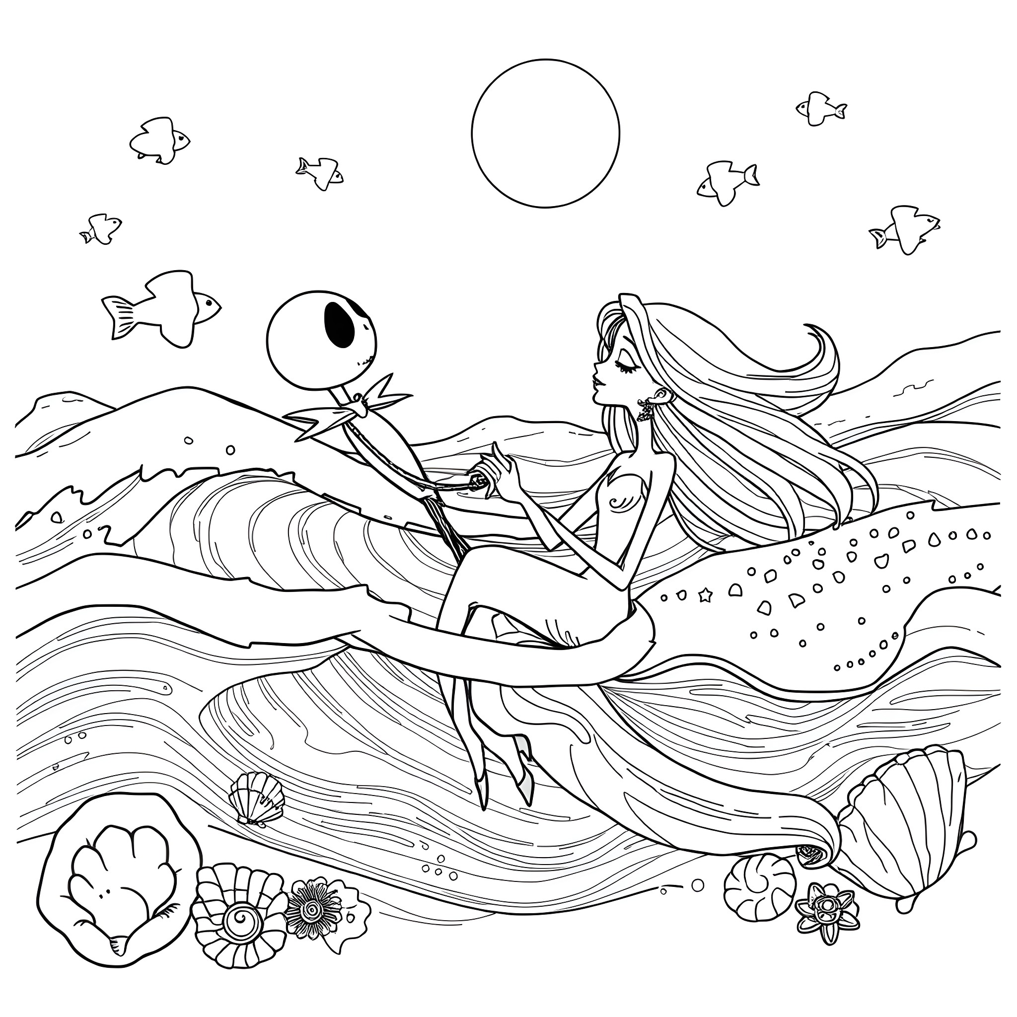 Jack Skeleton surfing with mermaid in the ocean Coloring Page (free black-and-white line drawing printable PDF for all, from beginners to advanced learners, including children, teens, adults, and seniors)