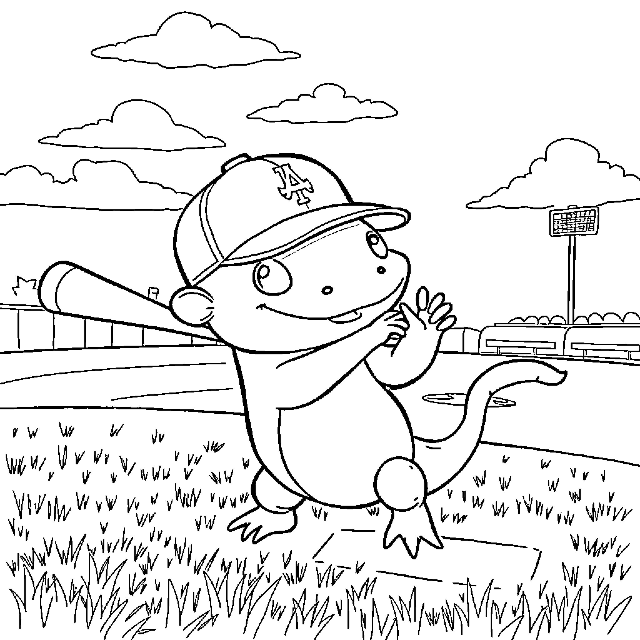 Axolotl playing in an outdoor baseball field Coloring Page (free black-and-white line drawing printable PDF for all, from beginners to advanced learners, including children, teens, adults, and seniors)