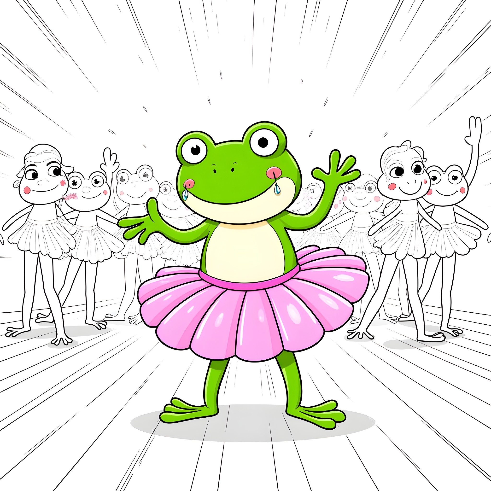 Frog dancing with ballerina frogs in a spotlight Coloring Page (free black-and-white line drawing printable PDF for all, from beginners to advanced learners, including children, teens, adults, and seniors)