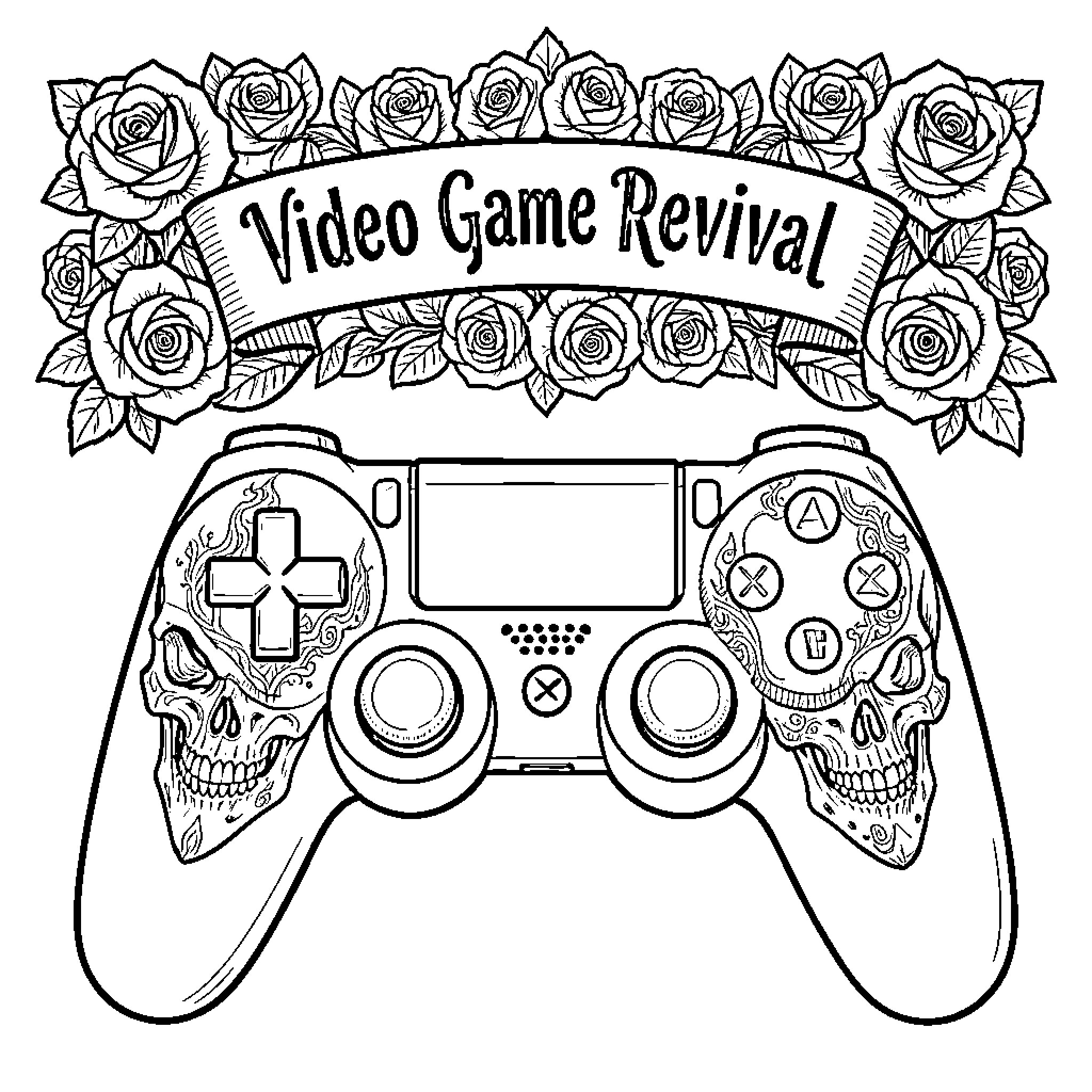Video Game Controller decorated with skulls and roses Coloring Page (free black-and-white line drawing printable PDF for all, from beginners to advanced learners, including children, teens, adults, and seniors)