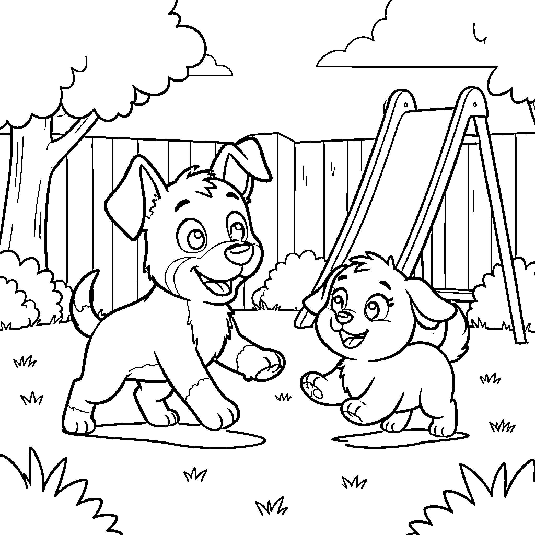 Bluey puppies playing joyfully in the backyard Coloring Page (free black-and-white line drawing printable PDF for all, from beginners to advanced learners, including children, teens, adults, and seniors)