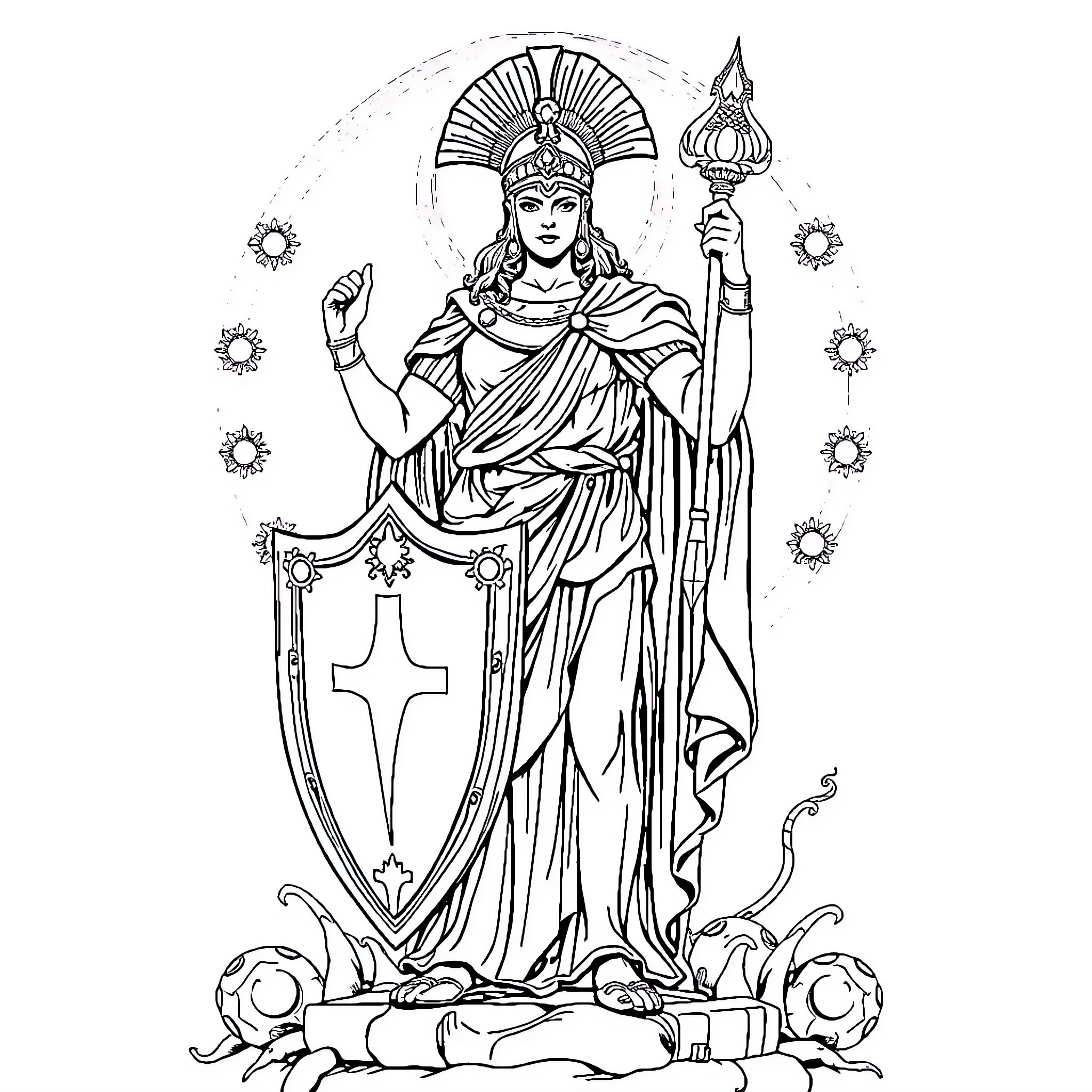 Athena, the Goddess of Wisdom and War, Holding a Shield and Scepter Coloring Page (free black-and-white line drawing printable PDF for all, from beginners to advanced learners, including children, teens, adults, and seniors)