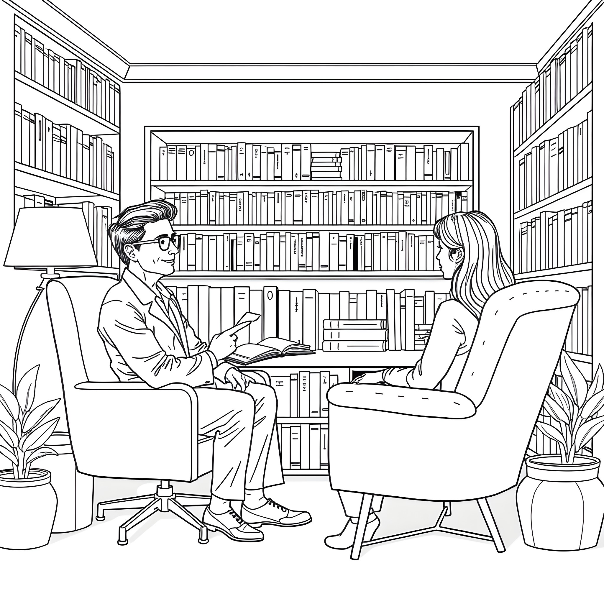Psychologist discussing with patient in cozy library Coloring Page (free black-and-white line drawing printable PDF for all, from beginners to advanced learners, including children, teens, adults, and seniors)
