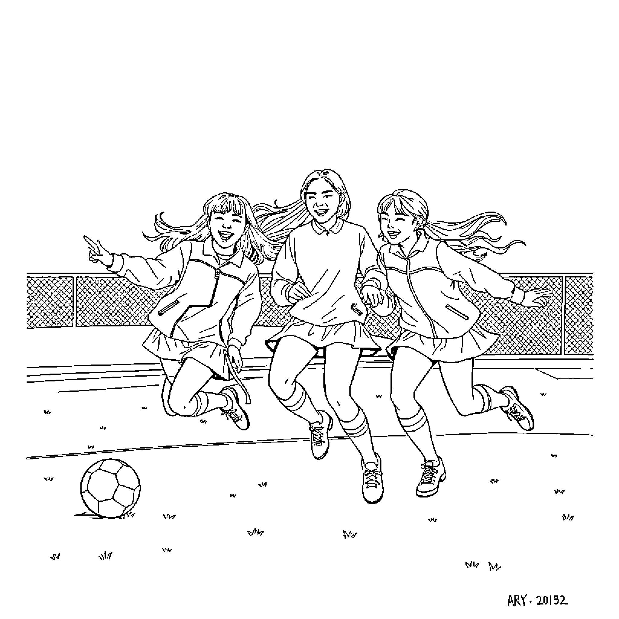 K Pop Teenagers Joyfully Playing Soccer Together Coloring Page (free black-and-white line drawing printable PDF for all, from beginners to advanced learners, including children, teens, adults, and seniors)