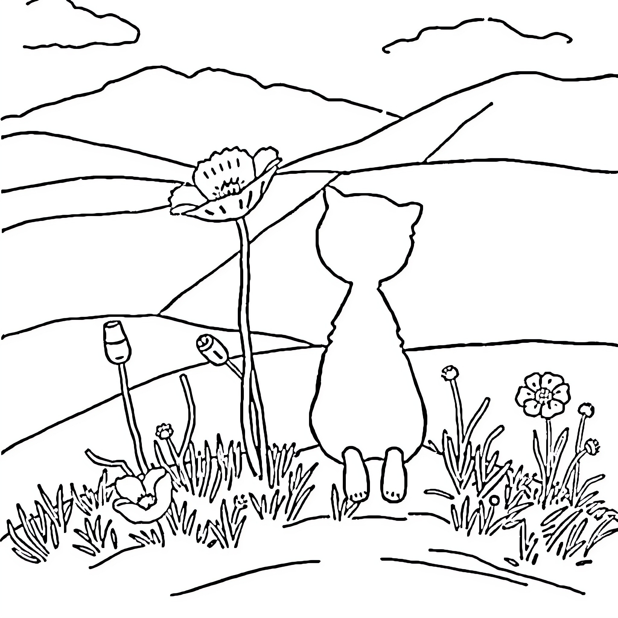 Poppy the Cat Exploring the Countryside Coloring Page (free black-and-white line drawing printable PDF for all, from beginners to advanced learners, including children, teens, adults, and seniors)