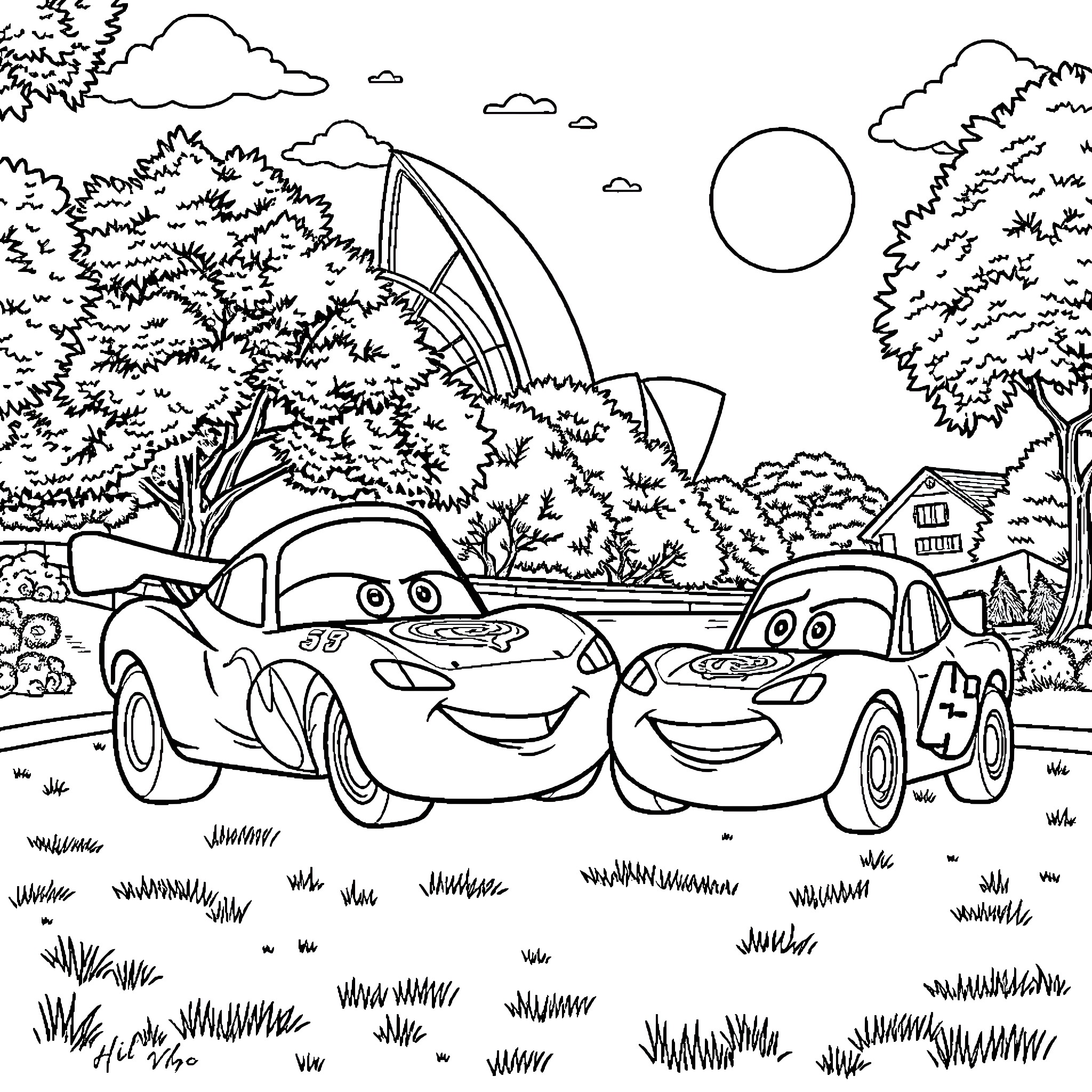 Cars racing joyfully in the scenic forest Coloring Page (free black-and-white line drawing printable PDF for all, from beginners to advanced learners, including children, teens, adults, and seniors)