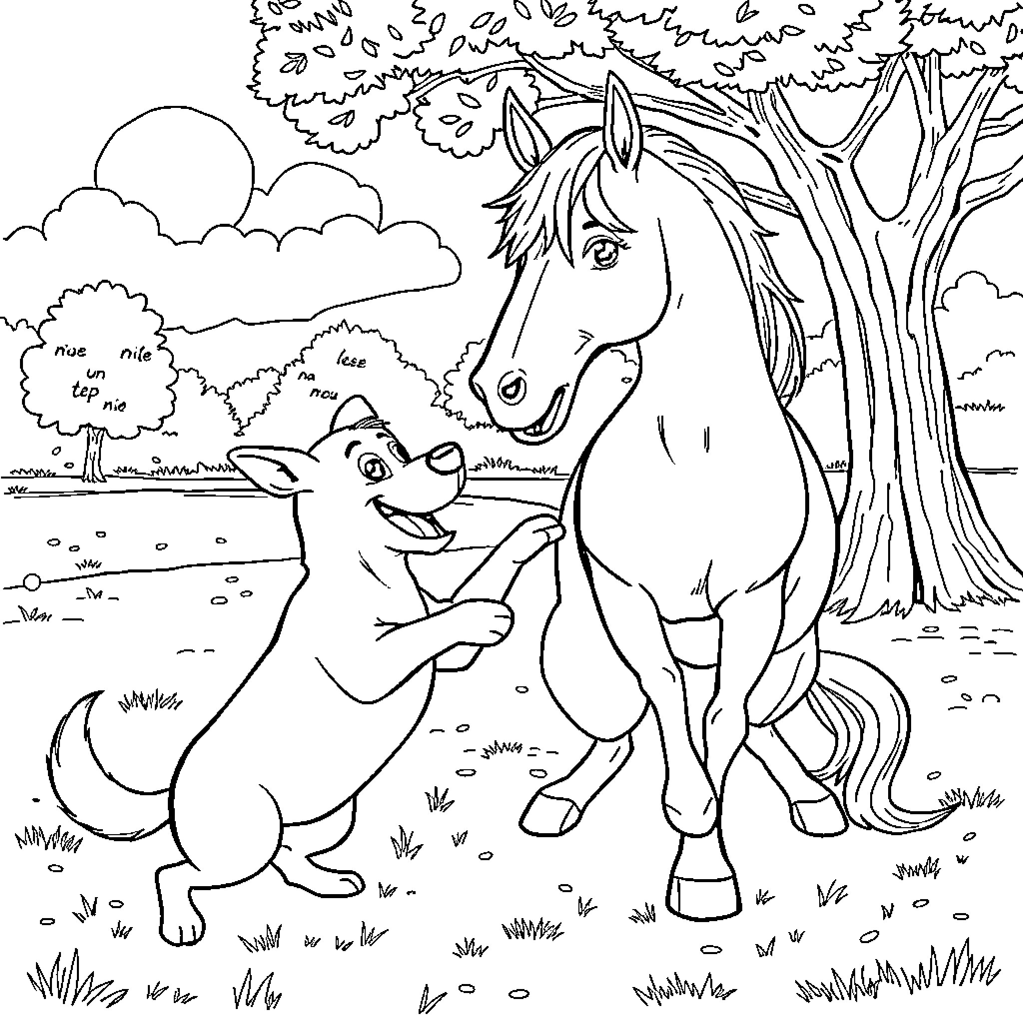 Dog and horse playing together in the forest Coloring Page (free black-and-white line drawing printable PDF for all, from beginners to advanced learners, including children, teens, adults, and seniors)