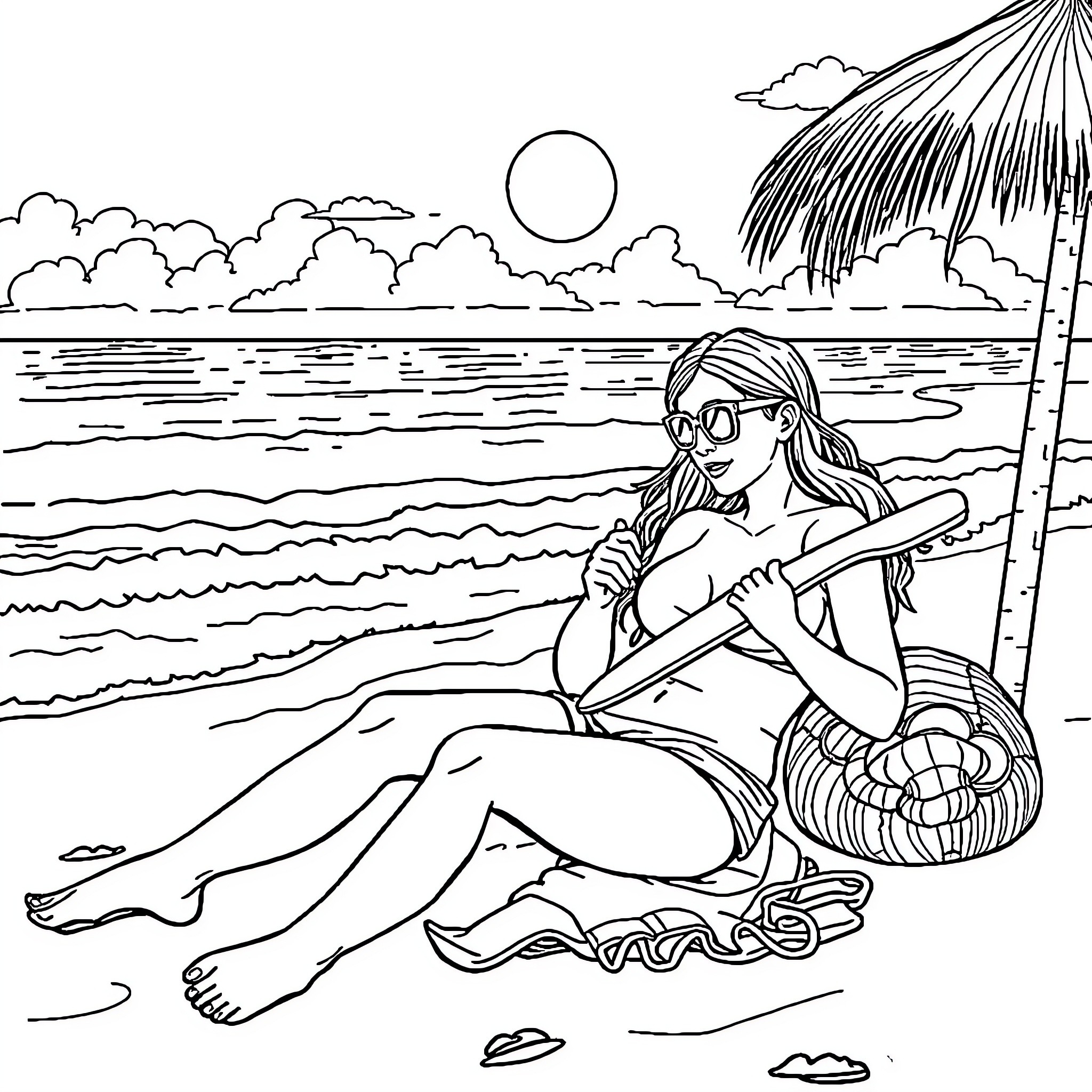 Camogie Player Enjoying Peaceful Beach Scenery Coloring Page (free black-and-white line drawing printable PDF for all, from beginners to advanced learners, including children, teens, adults, and seniors)