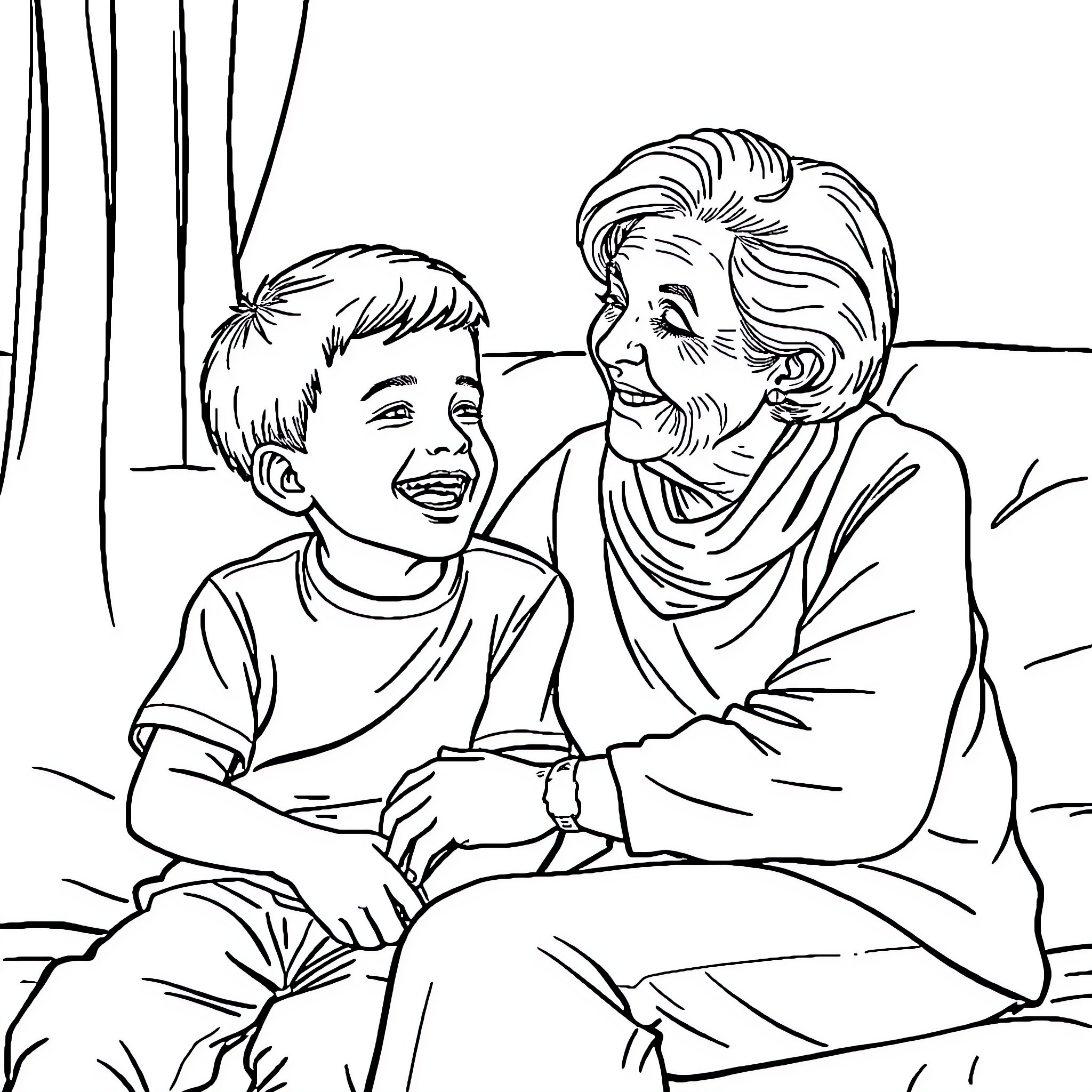 Boy and Grandmother Sharing a Moment Coloring Page (free black-and-white line drawing printable PDF for all, from beginners to advanced learners, including children, teens, adults, and seniors)