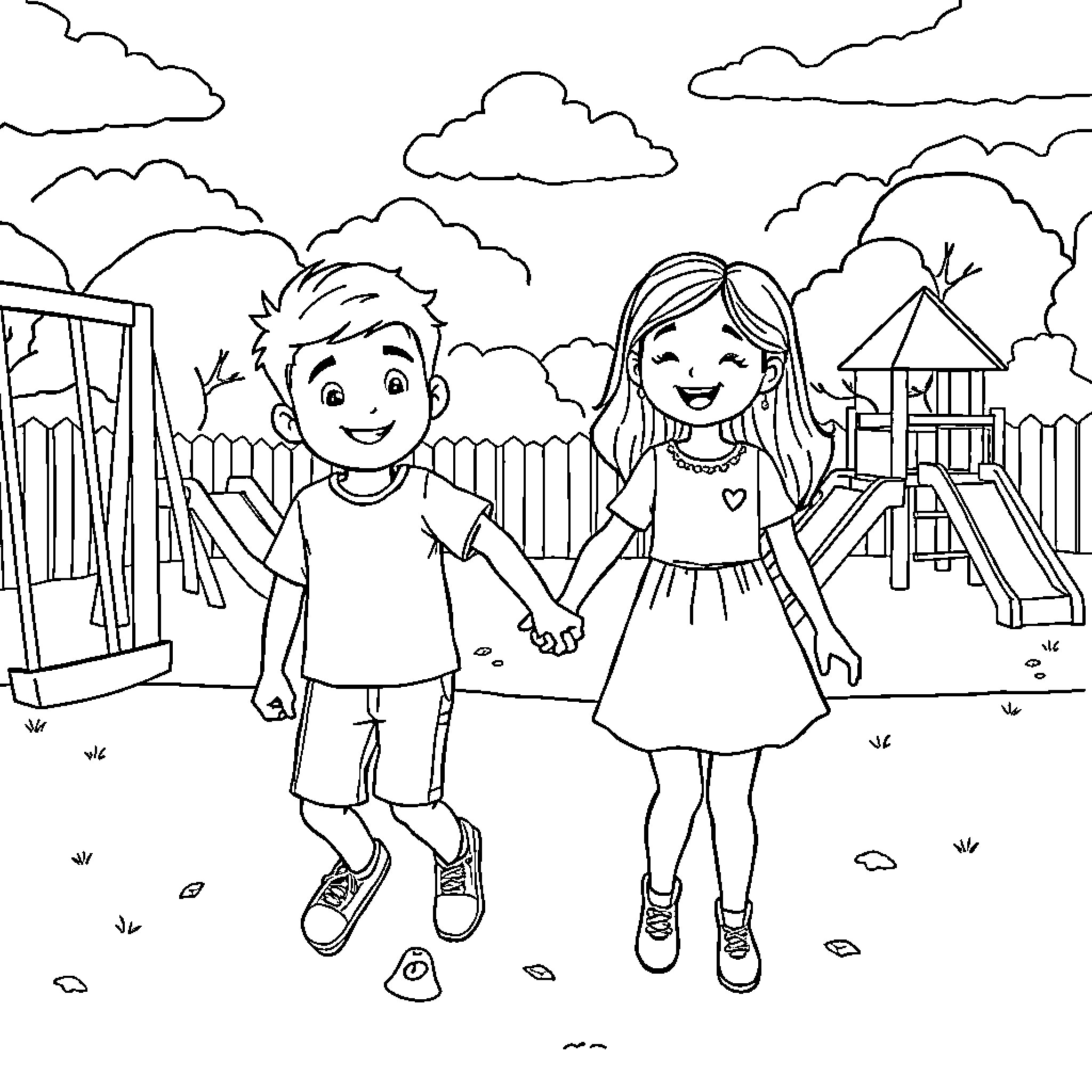 Child friends playing happily at the playground Coloring Page (free black-and-white line drawing printable PDF for all, from beginners to advanced learners, including children, teens, adults, and seniors)
