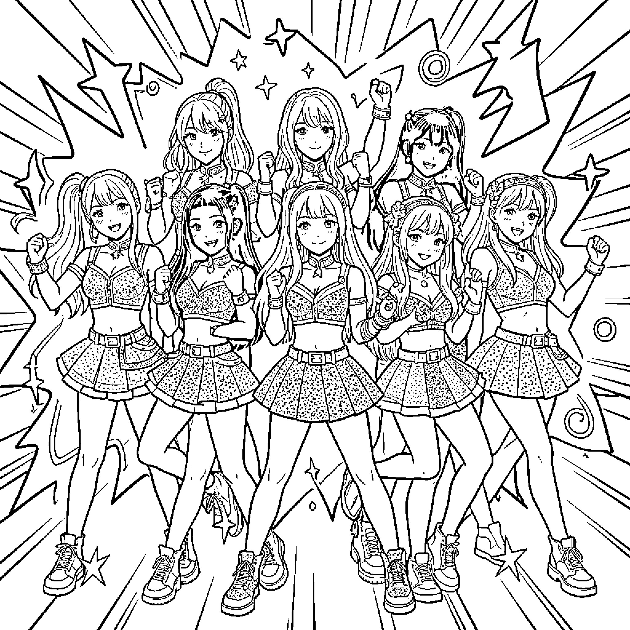 K-pop Girl Group Performing with Enthusiasm and Energy Coloring Page (free black-and-white line drawing printable PDF for all, from beginners to advanced learners, including children, teens, adults, and seniors)