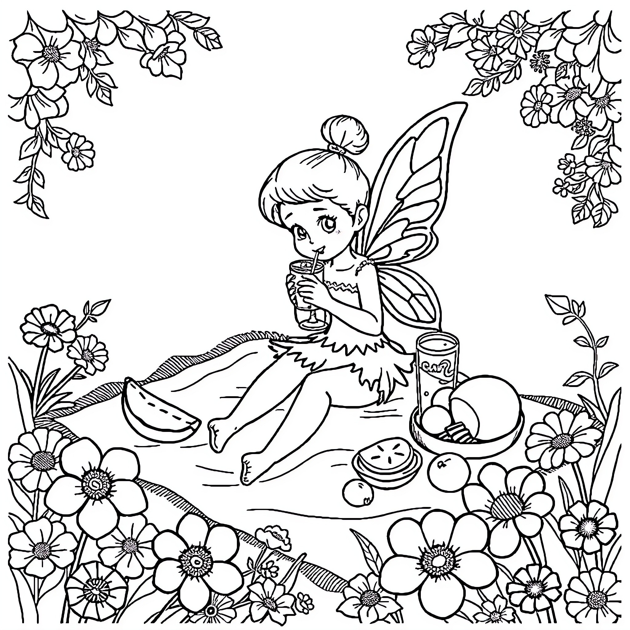 Fairy enjoying a picnic in a flower-filled garden Coloring Page (free black-and-white line drawing printable PDF for all, from beginners to advanced learners, including children, teens, adults, and seniors)