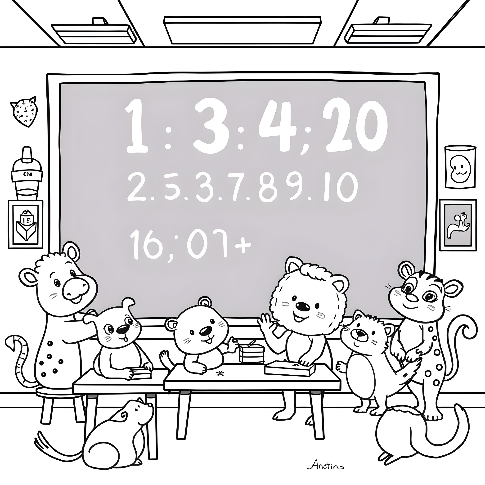 Number Animals Working on Math Problems Coloring Page (free black-and-white line drawing printable PDF for all, from beginners to advanced learners, including children, teens, adults, and seniors)