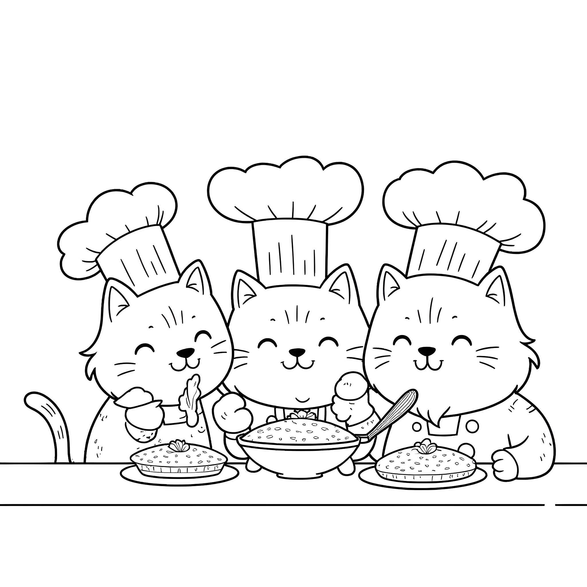 Cats cooking delicious meals in the kitchen Coloring Page (free black-and-white line drawing printable PDF for all, from beginners to advanced learners, including children, teens, adults, and seniors)