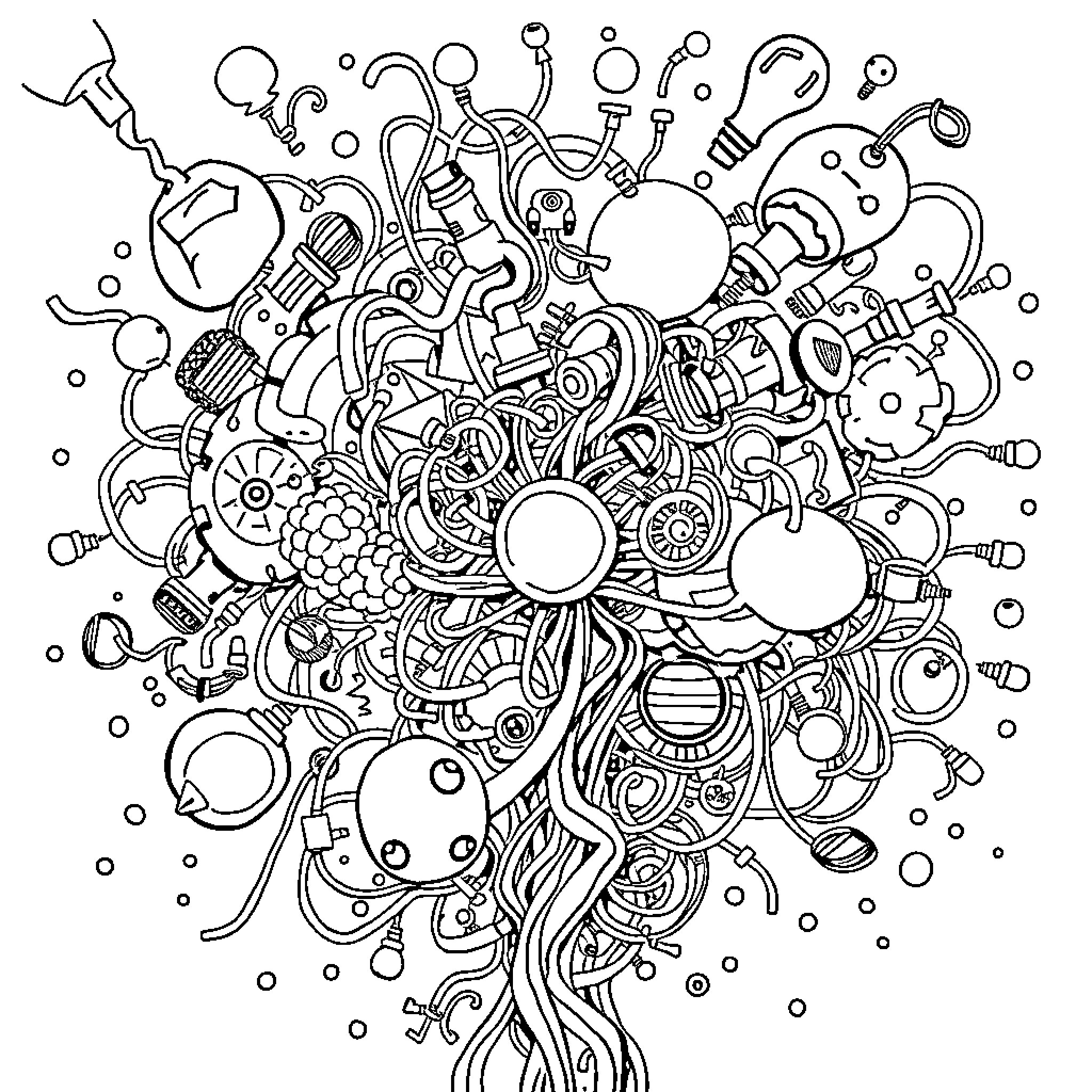 Brainrot: Whimsical Doodle Explosion Coloring Page (free black-and-white line drawing printable PDF for all, from beginners to advanced learners, including children, teens, adults, and seniors)