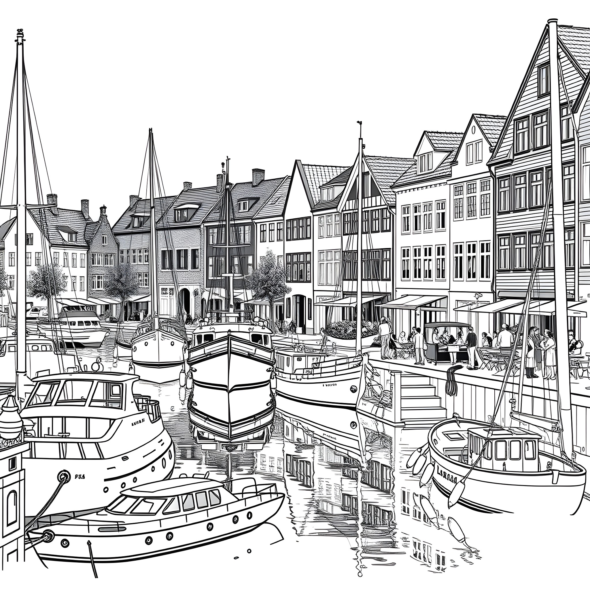Boats docked in a historic canal town Coloring Page (free black-and-white line drawing printable PDF for all, from beginners to advanced learners, including children, teens, adults, and seniors)