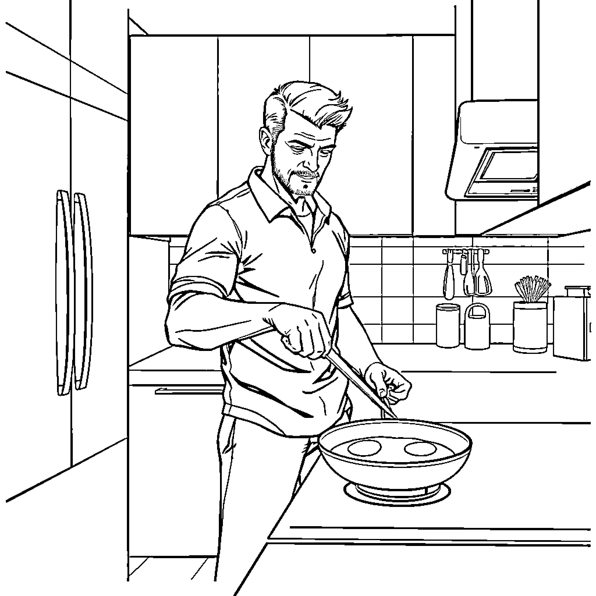 Man preparing food in kitchen Coloring Page (free black-and-white line drawing printable PDF for all, from beginners to advanced learners, including children, teens, adults, and seniors)