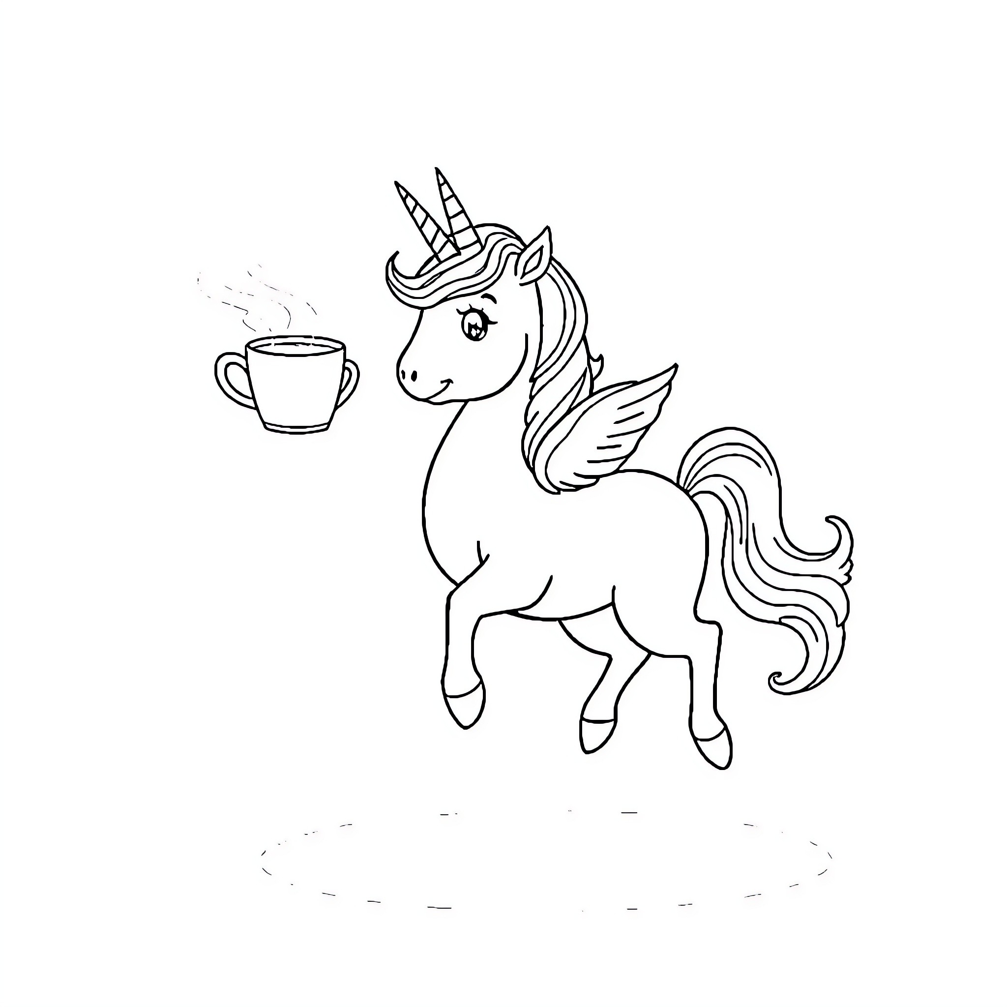 Unicorn enjoying a warm beverage Coloring Page (free black-and-white line drawing printable PDF for all, from beginners to advanced learners, including children, teens, adults, and seniors)