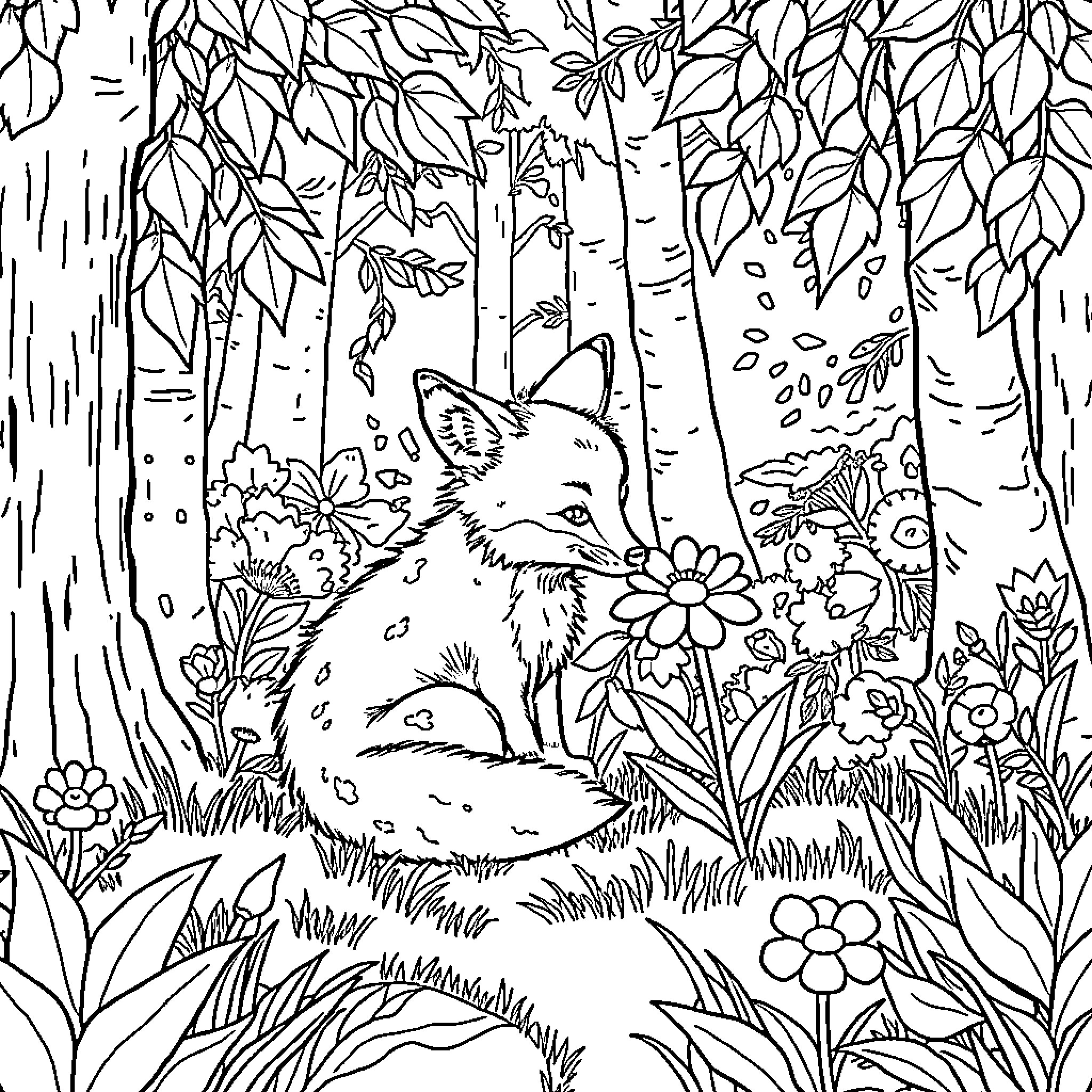 Fox Resting Peacefully in Forest Clearing Coloring Page (free black-and-white line drawing printable PDF for all, from beginners to advanced learners, including children, teens, adults, and seniors)