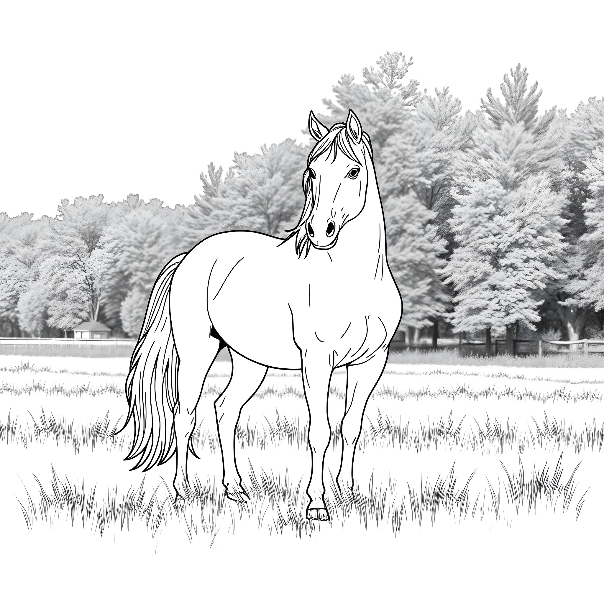 Horse standing in snowy field with pine trees Coloring Page (free black-and-white line drawing printable PDF for all, from beginners to advanced learners, including children, teens, adults, and seniors)