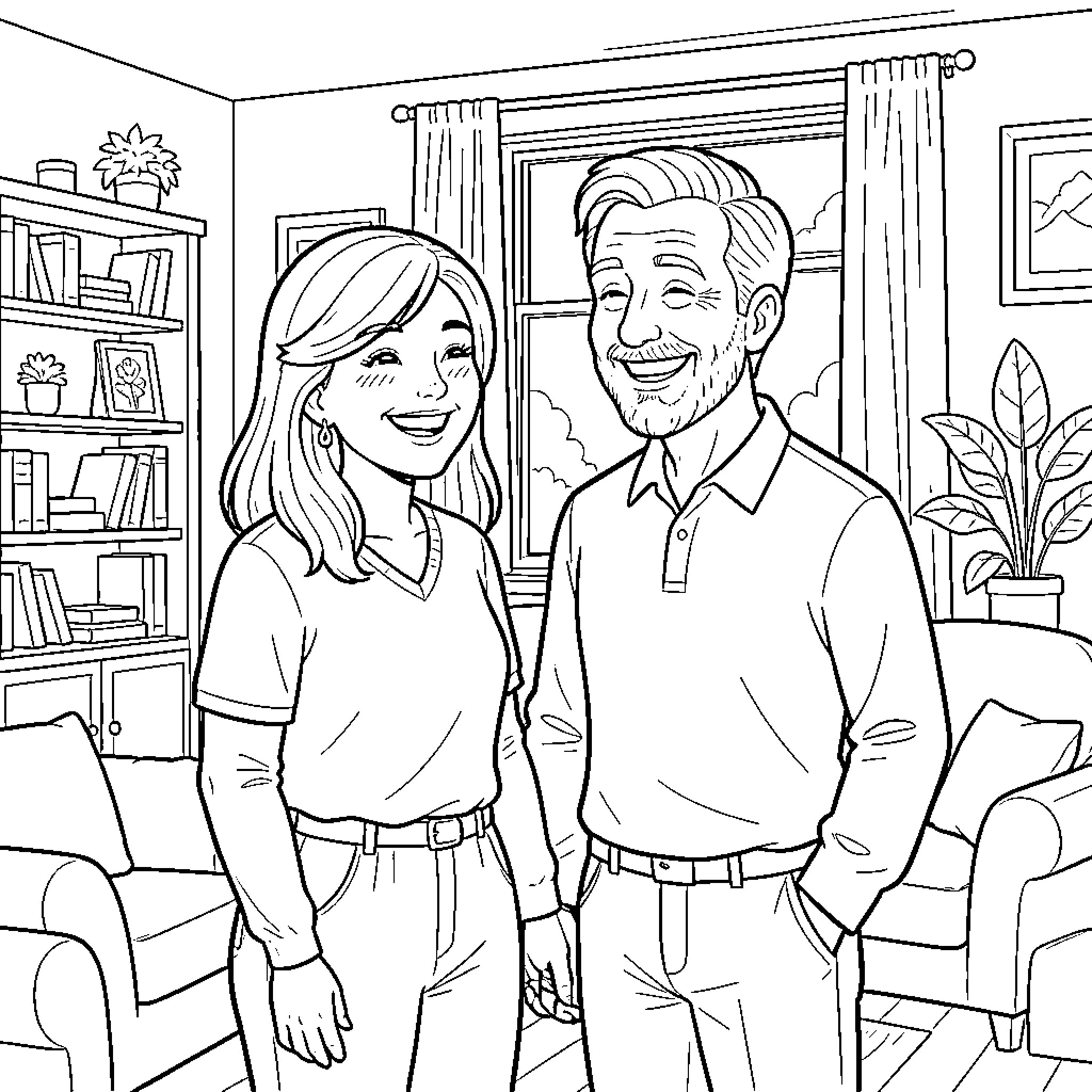 Parent and child enjoying a moment of happiness Coloring Page (free black-and-white line drawing printable PDF for all, from beginners to advanced learners, including children, teens, adults, and seniors)