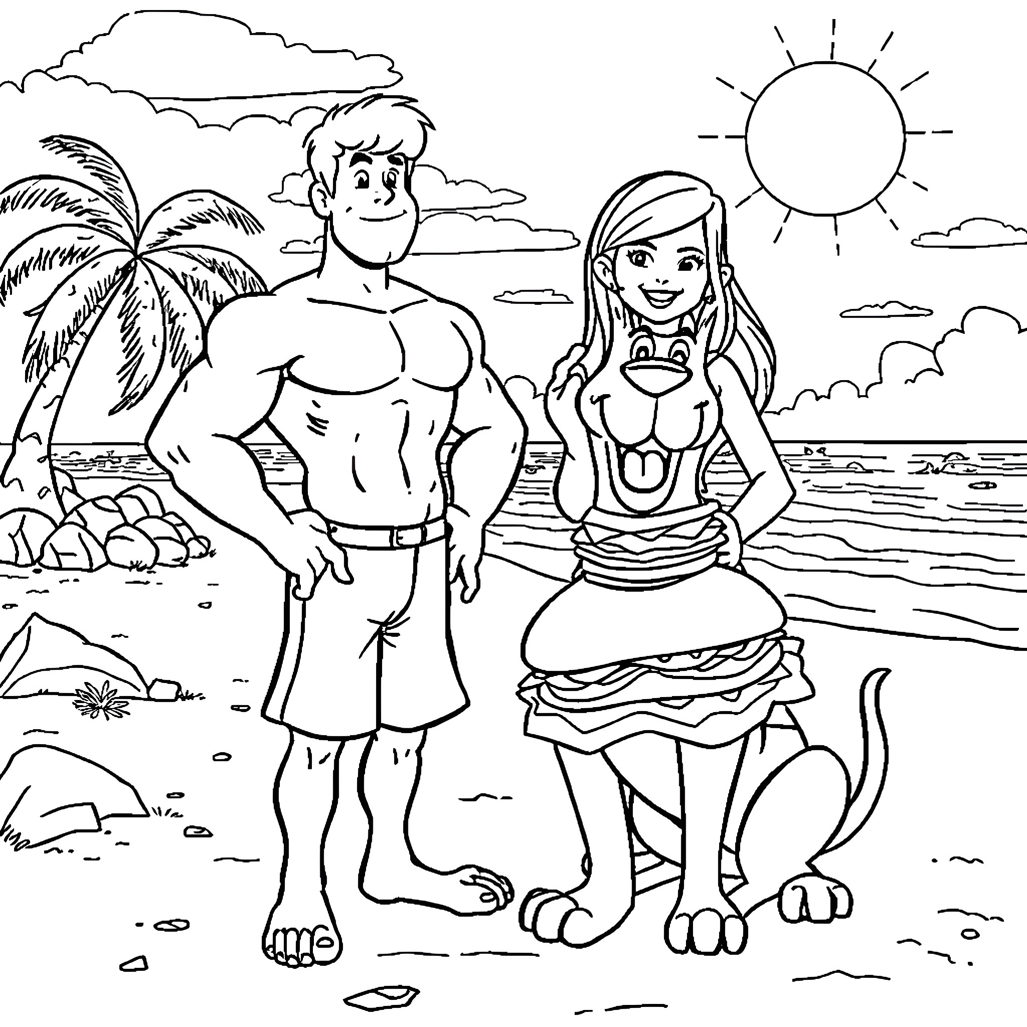 Shaggy and his beach companion Coloring Page (free black-and-white line drawing printable PDF for all, from beginners to advanced learners, including children, teens, adults, and seniors)